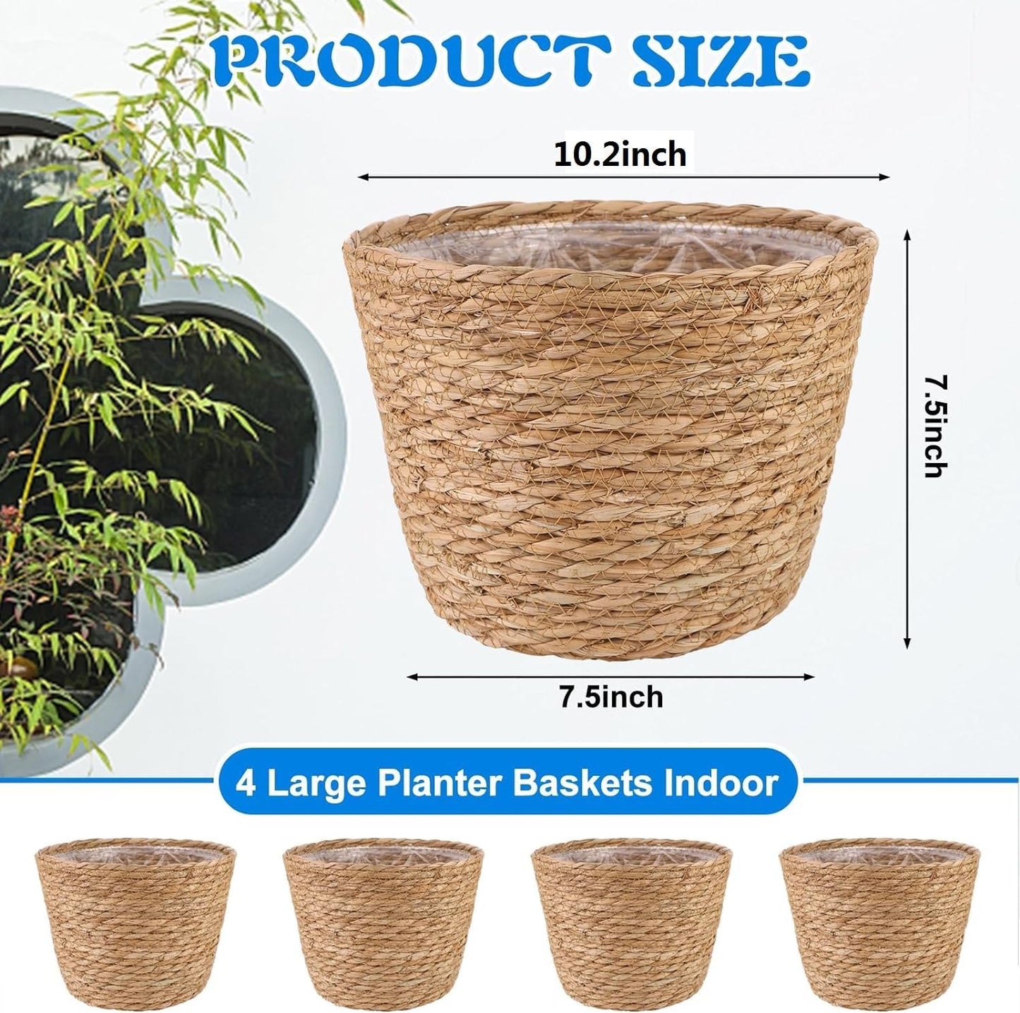 4 Pcs Large Premium Seagrass Planter Basket with Plastic Lining Natural Stylish Planter Baskets Indoor Outdoor Plants Woven Wicker Baskets for Plants Flower Pots Cover and Room Decor(10.2x7.5x7.5")