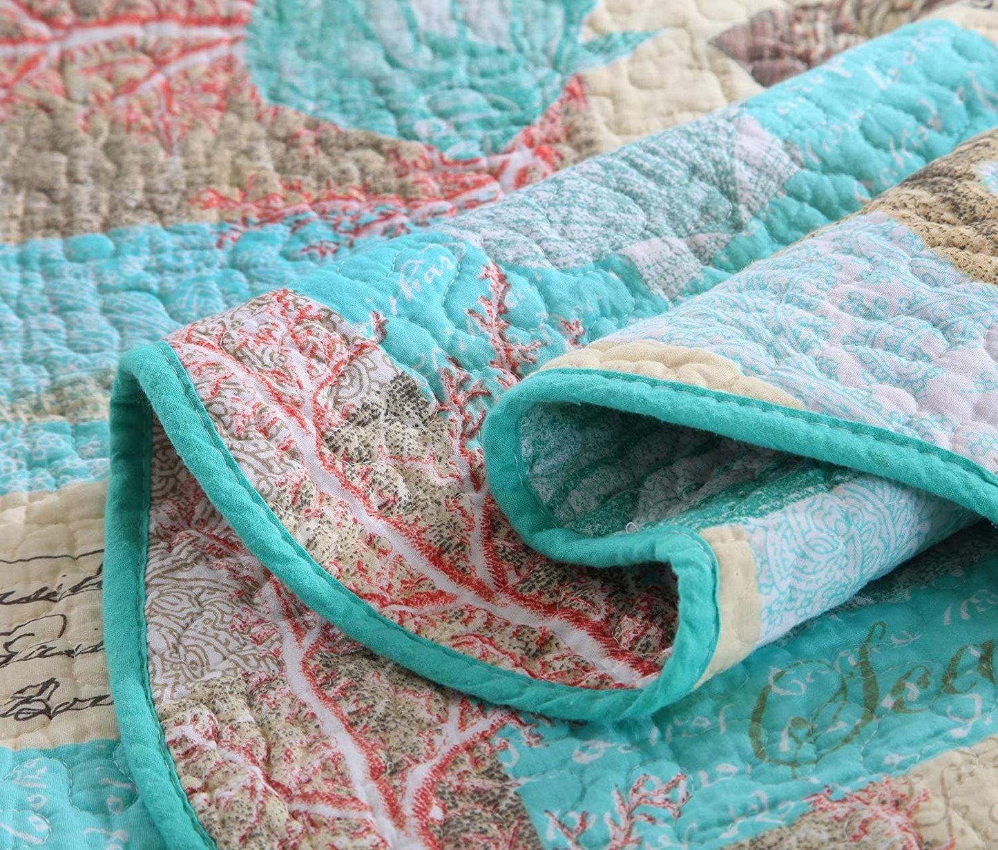 YAYIDAY Quilt King Size Bedspread Set - 100% Cotton Reversible Breathable Star Fish Coral Shell Style Quilted Quilt with Pillow Shams for All Seasons