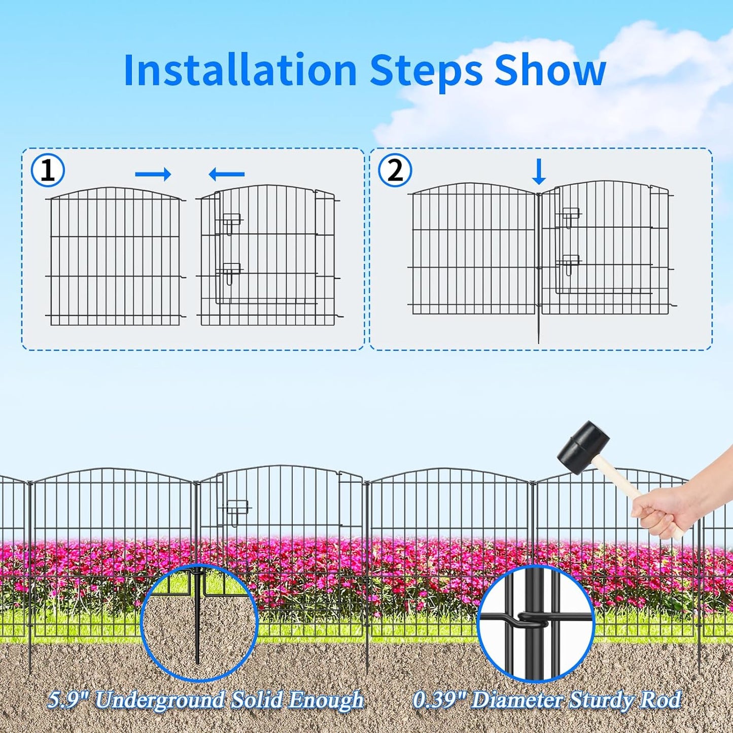 INJOPEXI Decorative Garden Fence 6 Panels 11.8ft (L)×24in (H) with 5 Panels 1 Gate Rustproof Wire No Dig Animal Barrier Fencing for Outdoor Backyard Black