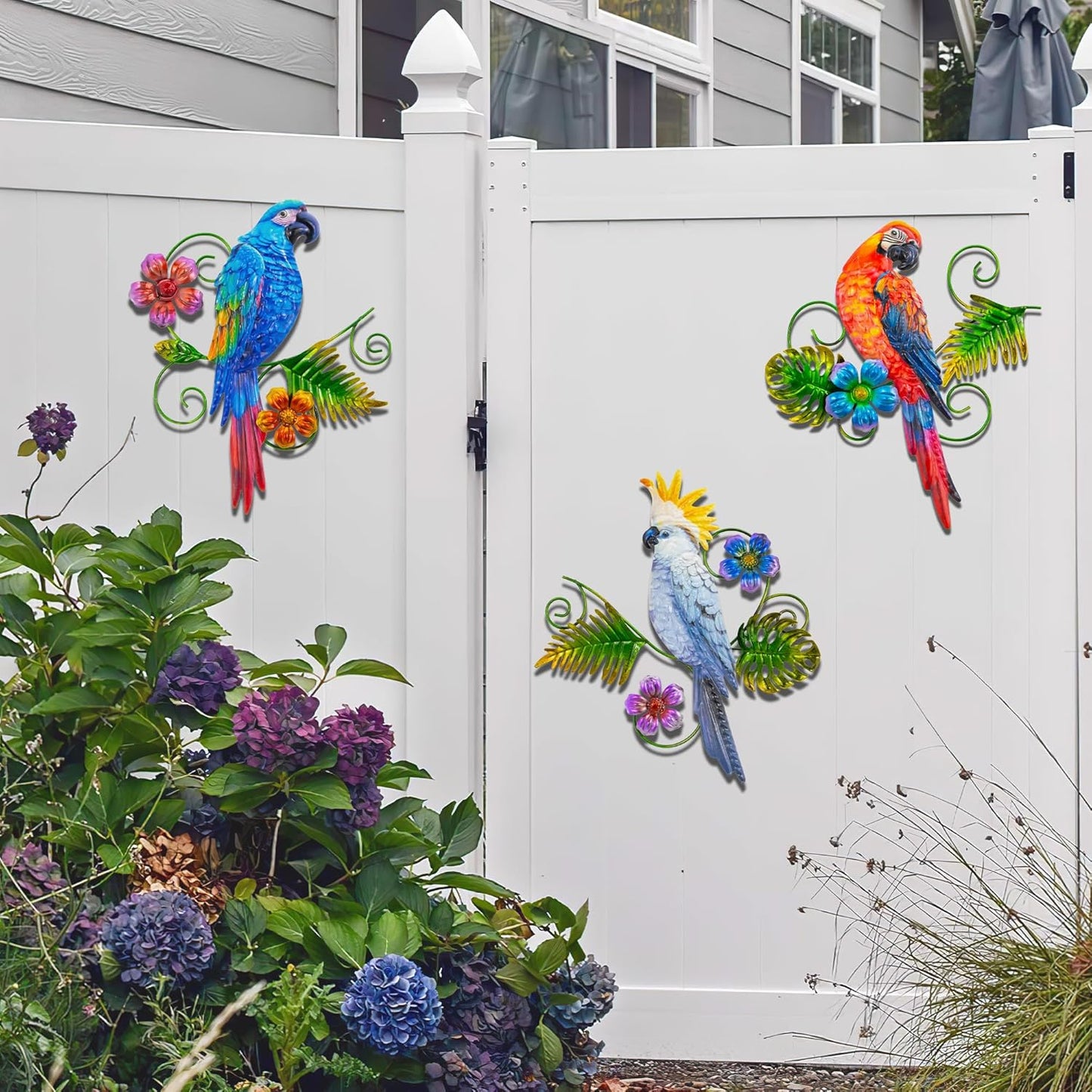 J-Fly Metal Parrots Wall Decor Outdoor Decorations for Yard Garden Decor, Metal Wall Art Decor, Patio Decorations Outdoor Bird Wall Decor-12 Inches Parrot Large Hanging Wall Decor 3 Pack