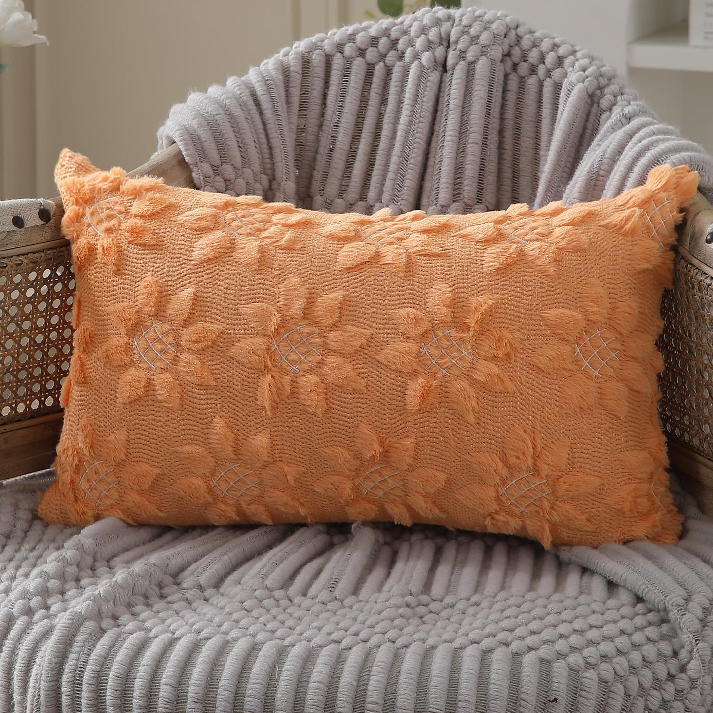 DFXSZ Spring Summer Pillow Covers 12x20 inch Set of 2 Farmhouse Decor White Flower Heart Sunflower Orange Soft Plush Faux Fur Jacquard Throw Pillows for Sofa Holiday Spring Home Decor PTK024H12