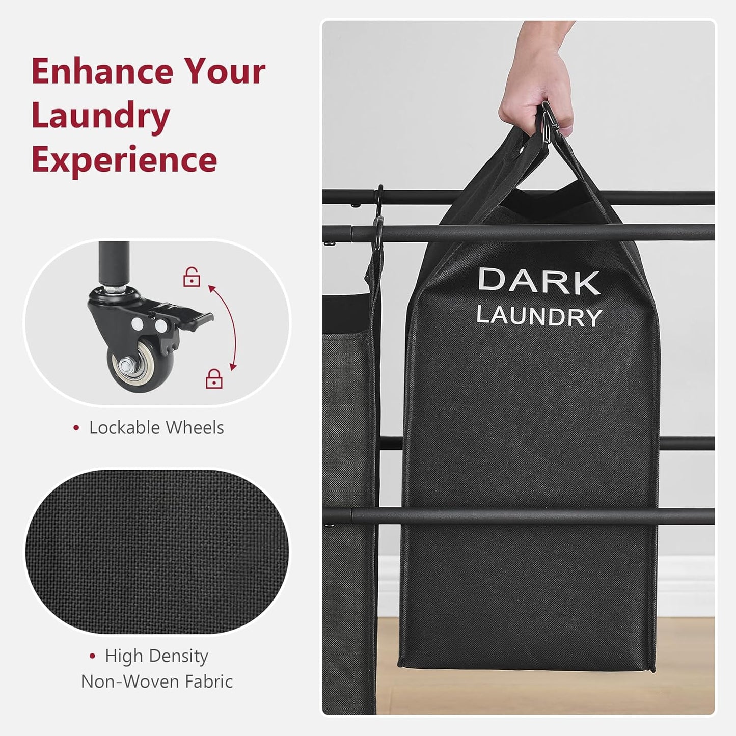 Tajsoon Laundry Sorter Cart with Hanging Rack, Laundry Sorter 3 Section, Laundry Hamper with Heavy Duty Rolling Lockable Wheels, Black