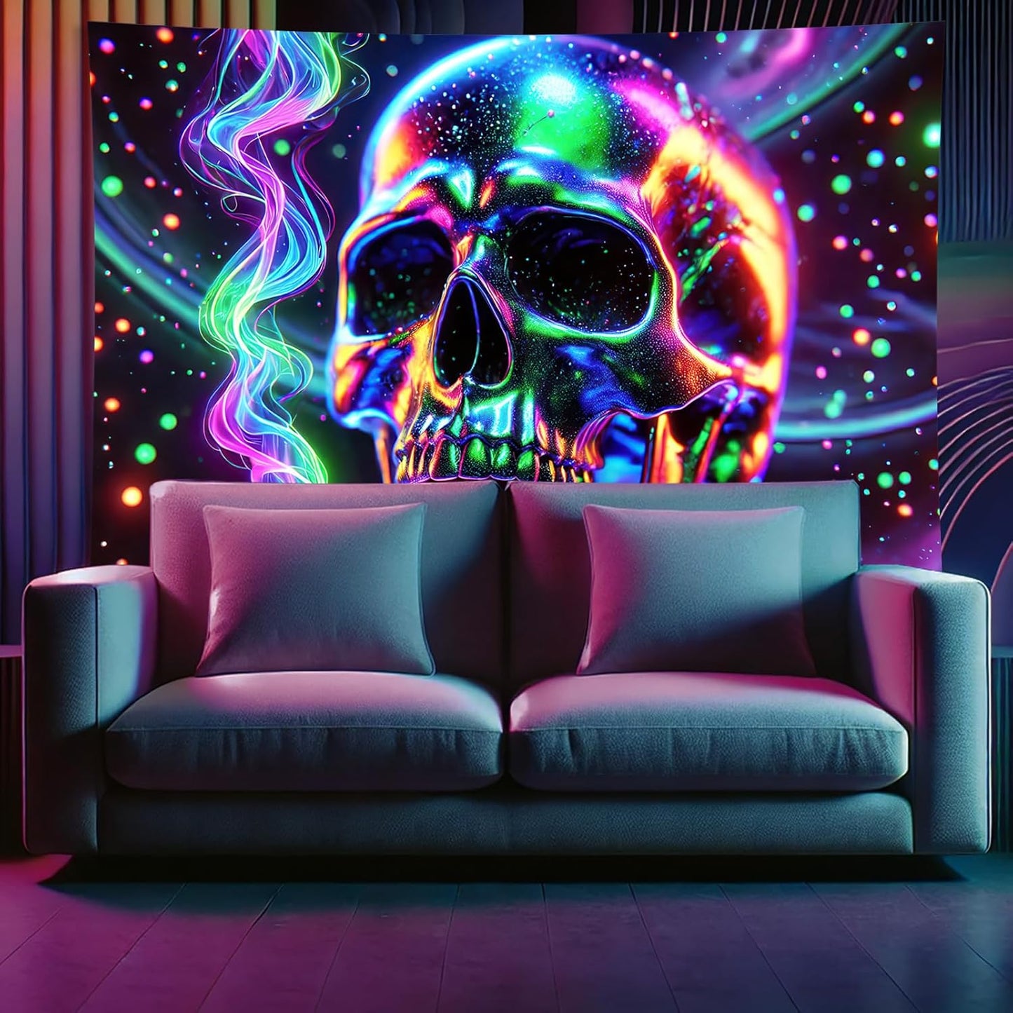 Starlit Patio Blacklight Skull Tapestry UV Reactive 78 x 59 Inch Glow In The Dark Tapestry Halloween Funny Skeleton Tapestries Posters Wall Hanging for for Bedroom Living Room Dorm