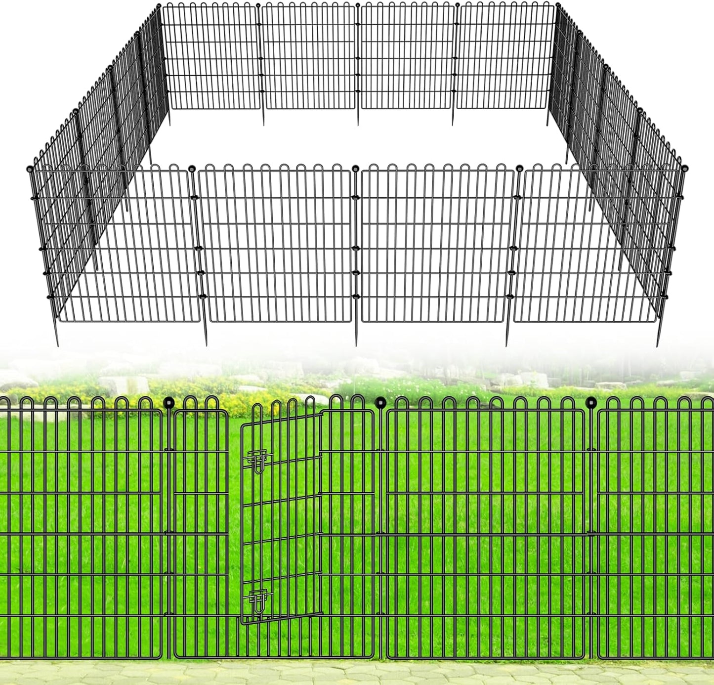 25 Panels No Dig Decorative Garden Fence with Gate for Yard, 32 in(H) X 59 ft(L) Animal Barrier Fencing for Outdoor Dog, Metal Portable Garden Fences for Borders, Pets, Landscape, Temporary Fence