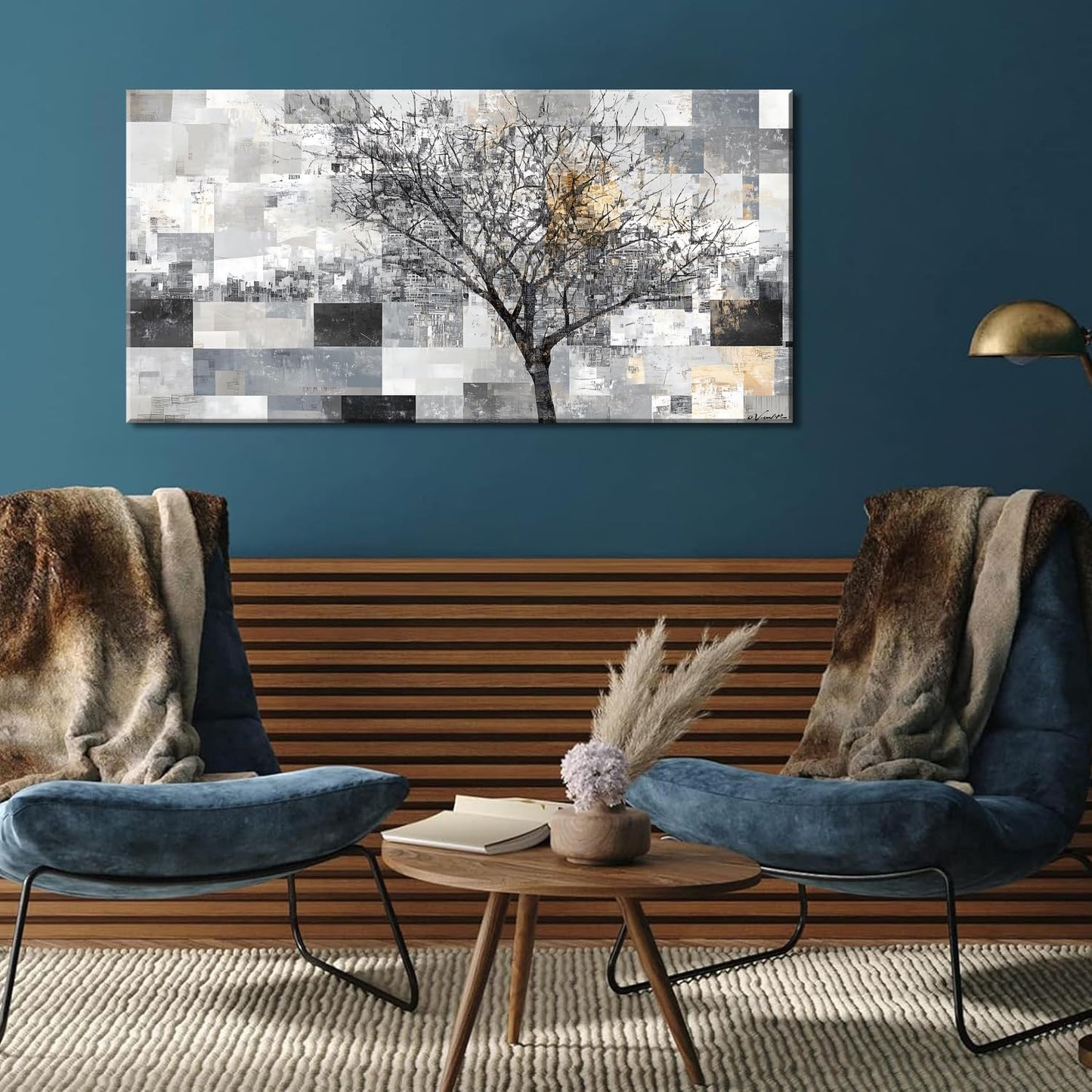 LASMOND Modern Abstract Tree Wall Art for Living Room Black and White Canvas Painting Wall Art Large Nature Landscape Artwork Bedroom Office Home Decor (40x20 Inches)