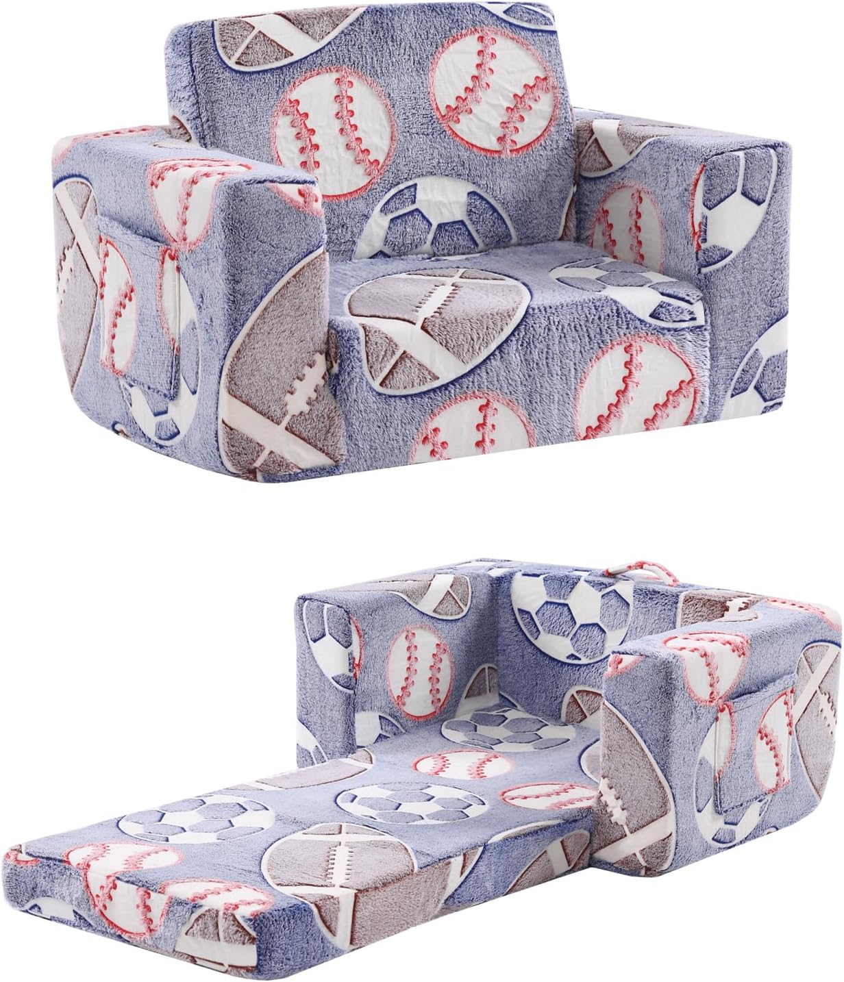 Toddler Chair Kids Couch, 2-in-1 Toddler Soft Sherpa Couch Fold Out Armchair Glow in The Dark with Removable Cover, Convertible Reading Chair Toddler Sofa for Kids, Football