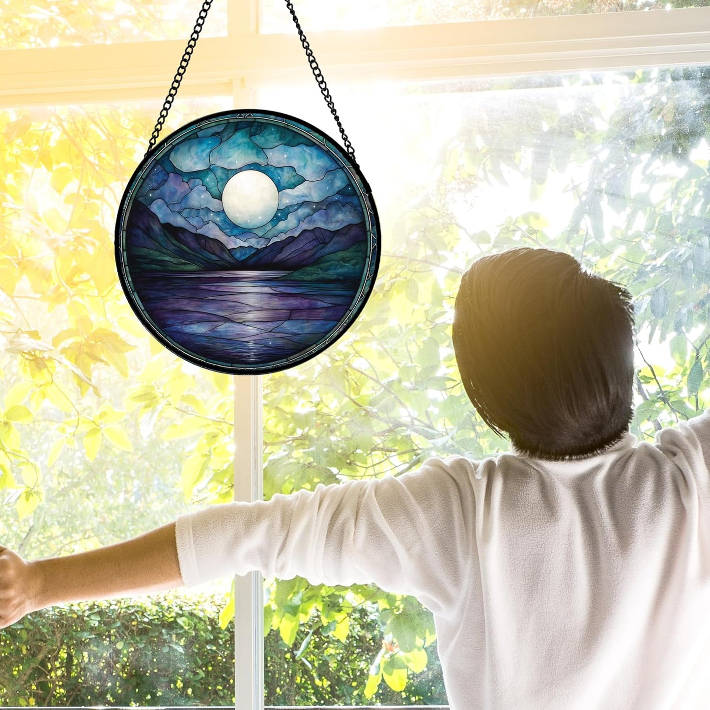 Stained Glass Window Hanging, Blue Night Moon Lake Sun Catchers Colorful Glass Panel Landscape Suncatcher Decor for Birthday for Women, Men, Wife, Aunt, and Mom 7.8 in