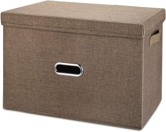 Linen Fabric Collapsible Storage Bins with Removable Lids and Handles, Washable Storage Box Containers Baskets Cube with Cover for Bedroom,Closet,Office,Living Room,Nursery (Coffee, Medium)