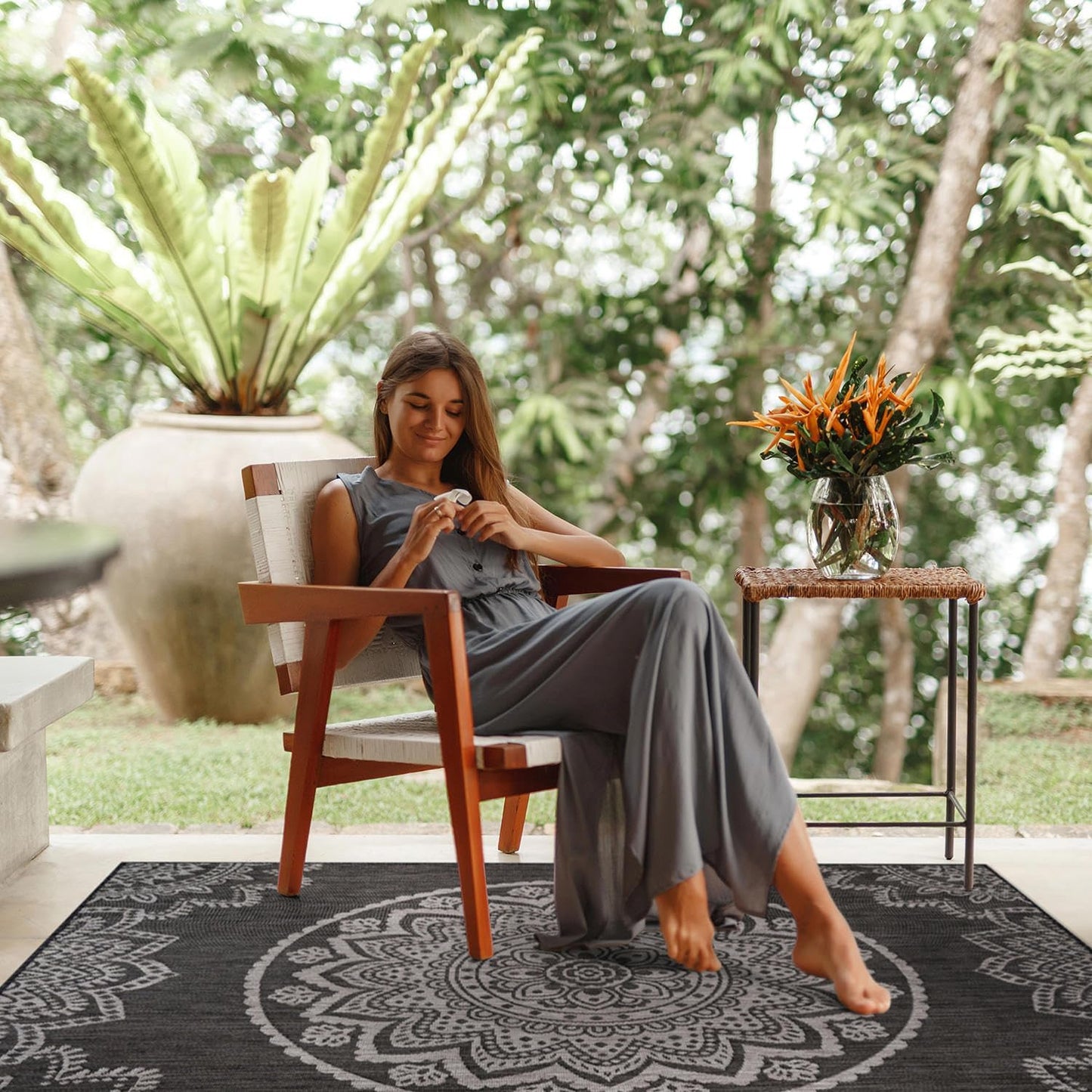 CAMILSON Outdoor Rug 5x7 Modern Area Rugs for Indoor and Outdoor Patios and Porches - Waterproof Washable Non-Shedding Easy-to-Clean Outside Carpet (5 x 7, Medallion - Dark Grey/Light Grey)