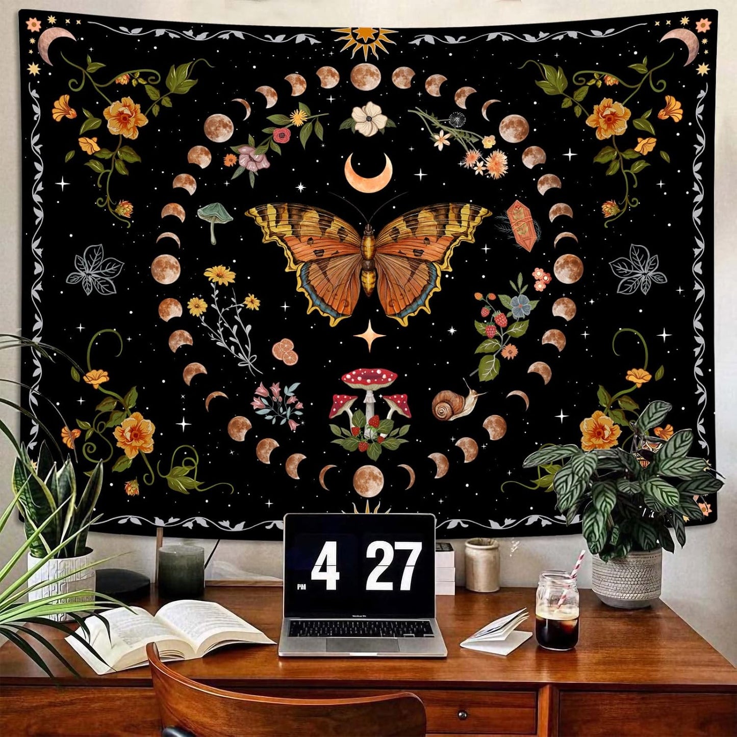 Aipon Orange Butterfly Moon Flower Tapestry Botanical Floral Plant Boho Tapestry for Bedroom Aesthetic Vintage Tapestries Wall Hanging for Living Room Dorm (36.00" x 48.00", Orange)