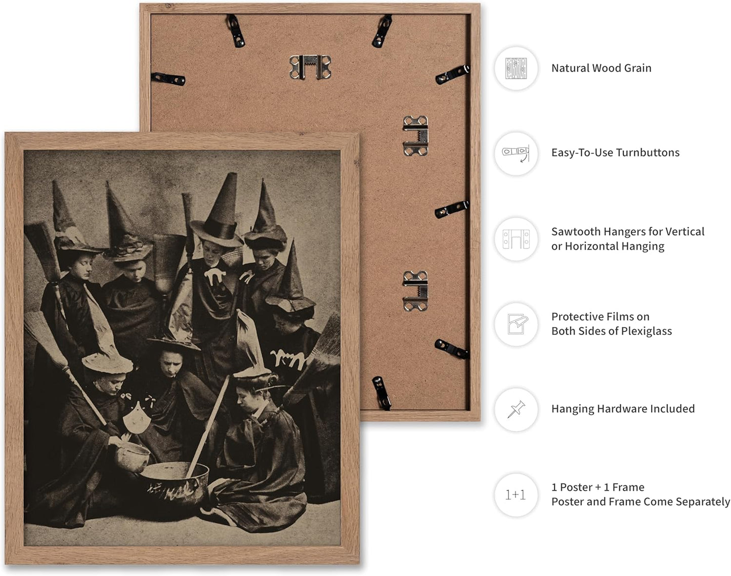 Poster Master Vintage Photograph Poster - Retro Halloween Print - Gift for Artist, Friend - Witches Cooking, Pointy Hats, Broomsticks, Black Magic - Wall Decor for Bedroom, 8x10 Beige Framed