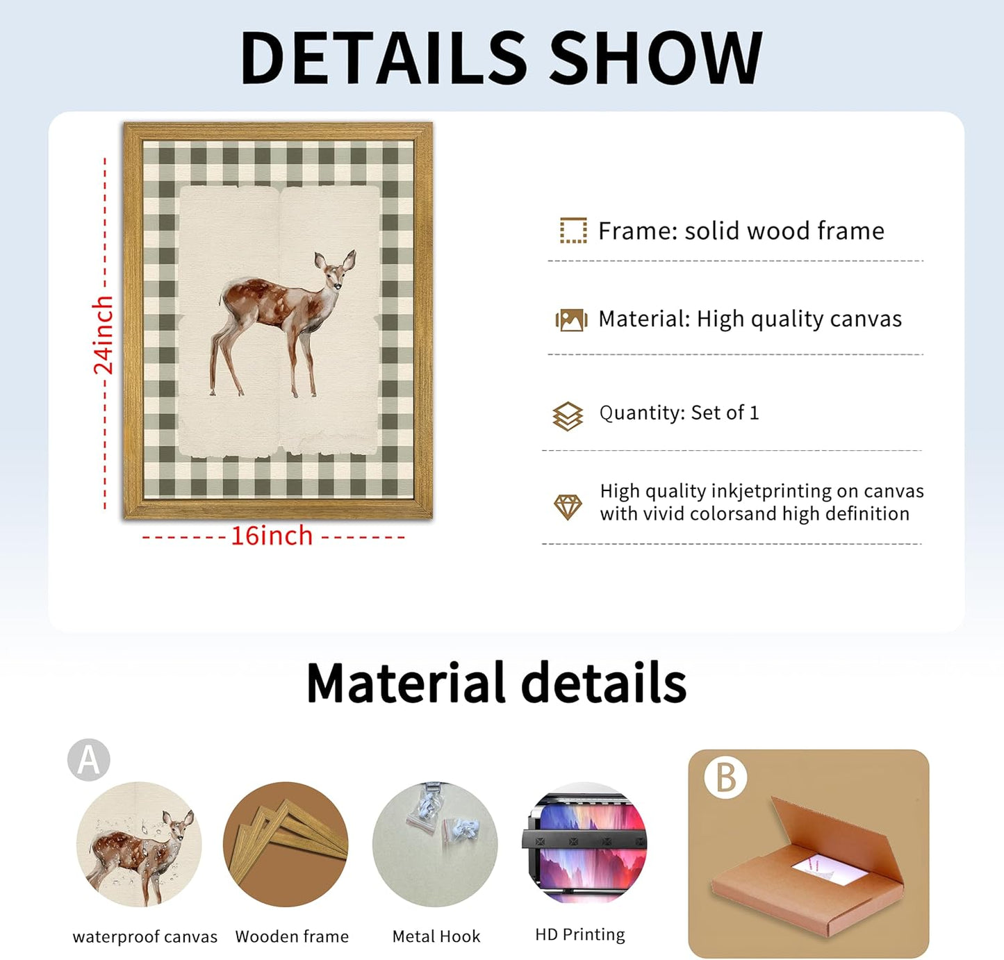 Wood Framed Deer Wall Art Print, Woodland Baby Deer Canvas Poster Wall Decor, Vintage Rustic Green Gingham Farmhouse Animal Picture for Living Room Kitchen Bedroom Nursery Decor, 16x24 inch