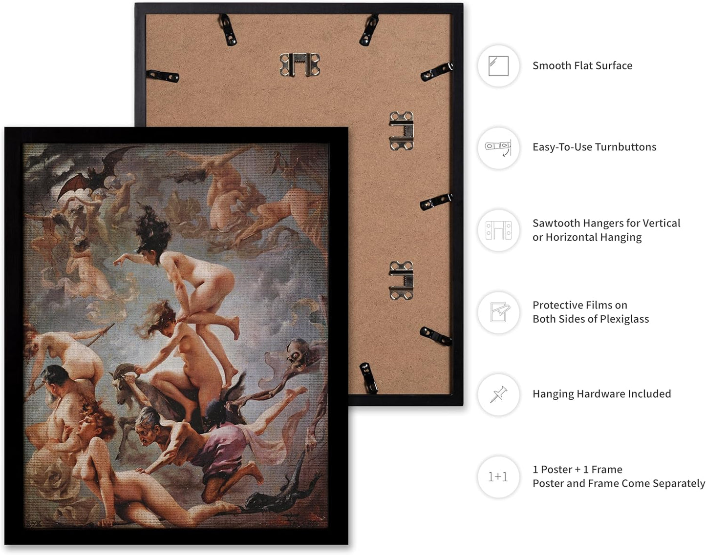 Poster Master Vintage Luis Ricardo Falero Poster - Retro Occult Print - Gift for Gothic, Horror Fan - Witches Going to their Sabbath, Pagan - Wall Decor for Bedroom, Dorm, 11x14 Black Framed