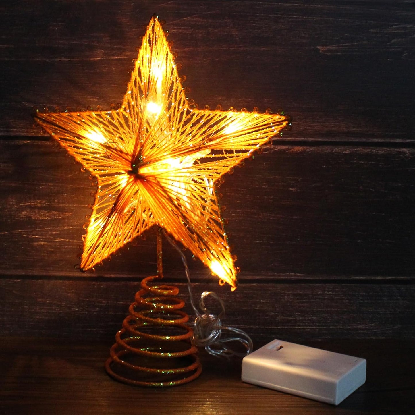 CVHOMEDECO. Champagne Glittered 3D Tree Top Star with Warm White LED Lights and Timer for Christmas Tree Topper Decoration and Holiday Seasonal Décor, 8 x 10 Inch