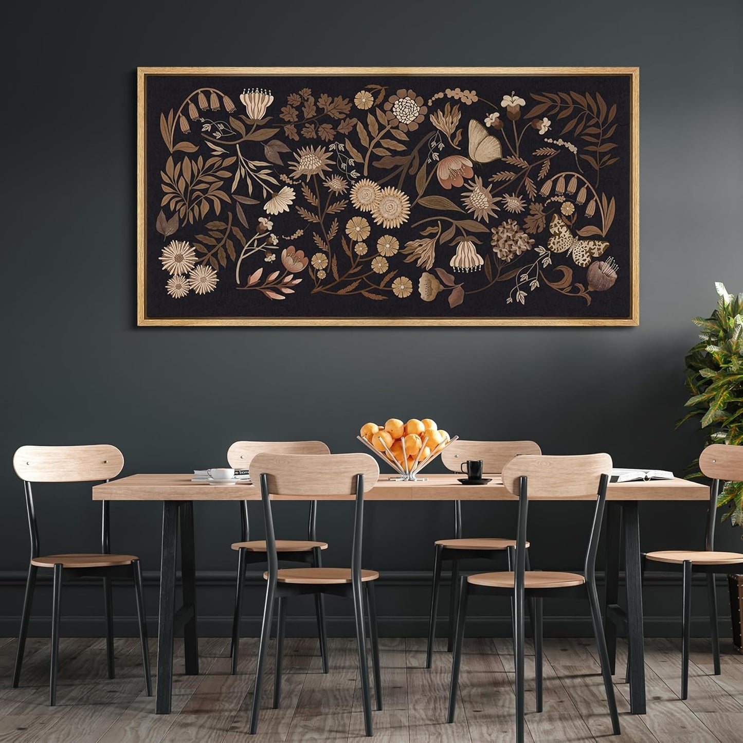 MUDECOR Extra Large Framed Canvas Print Wall Art Botanical Elegance Dark Floral Illustrations Antique Retro Fine Art Illustrations Decorative Colorful for Bedroom - 60"x30"