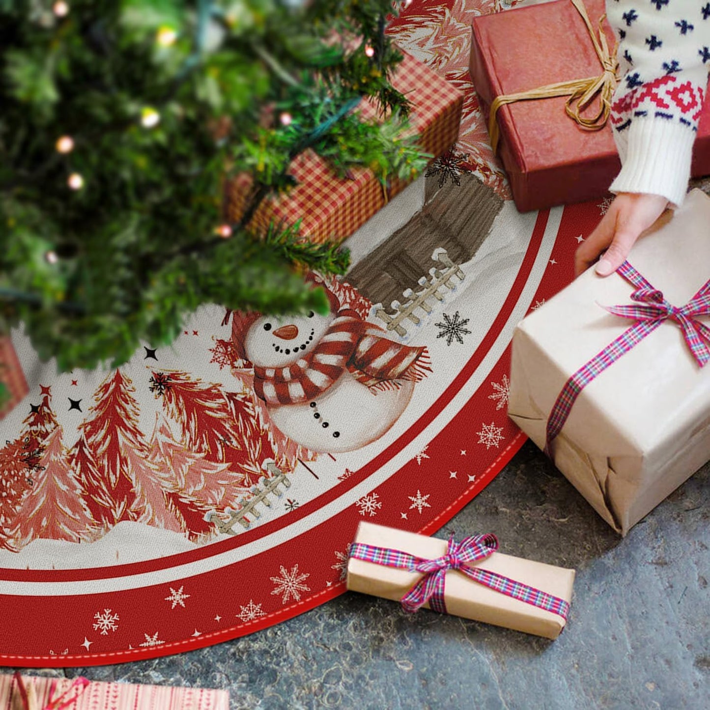 AVOIN colorlife Snowflake Snowman Cardinal Christmas Tree Skirt 36 Inch, Winter Holiday Tree Mat Decoration Red