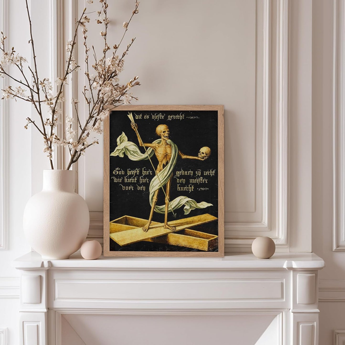 Poster Master Vintage Medieval Poster - Retro Gothic Print - Gift for Artist, Friend - Allegory of Life and Death, Skeleton, Dark, Skull - Wall Decor for Home, Living Room, 8x10 Beige Framed