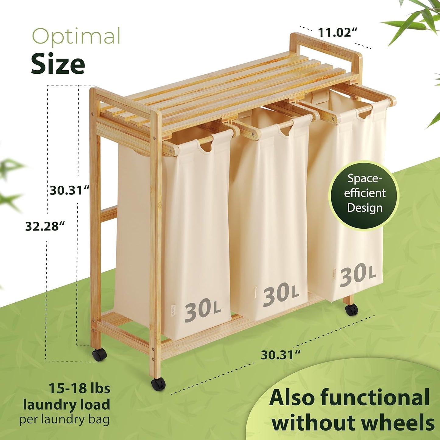 Laundry basket with wheels beige - Large Bamboo Laundry Sorter with Removable Cotton Bags - 3 Section laundry room organization - Durable, Eco-Friendly, and Stylish Storage Solution for Home