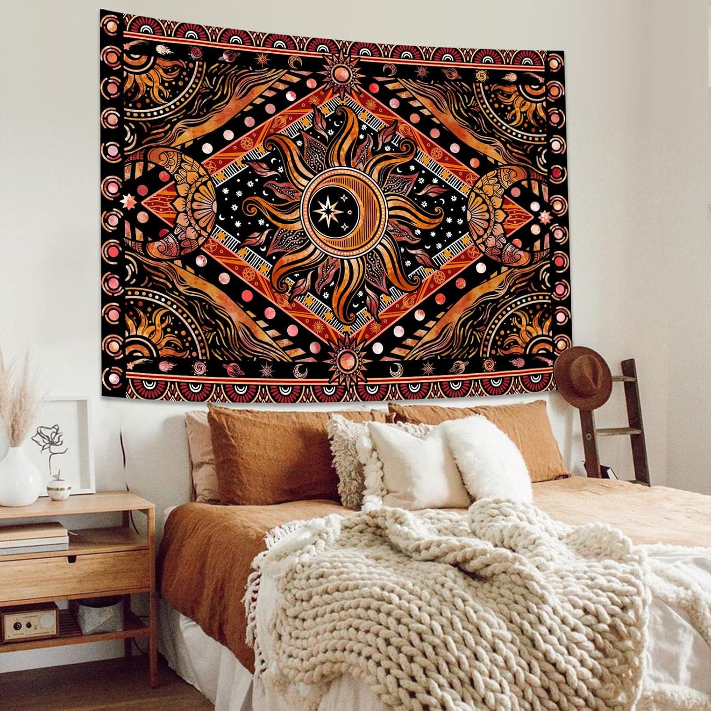 Lunerfex Hippie Sun and Moon Tapestry Bohemian Celestial Tapestry Aesthetic Tapestries for Bedroom and Living Room Decor Sun and Moon 44×60 Inches