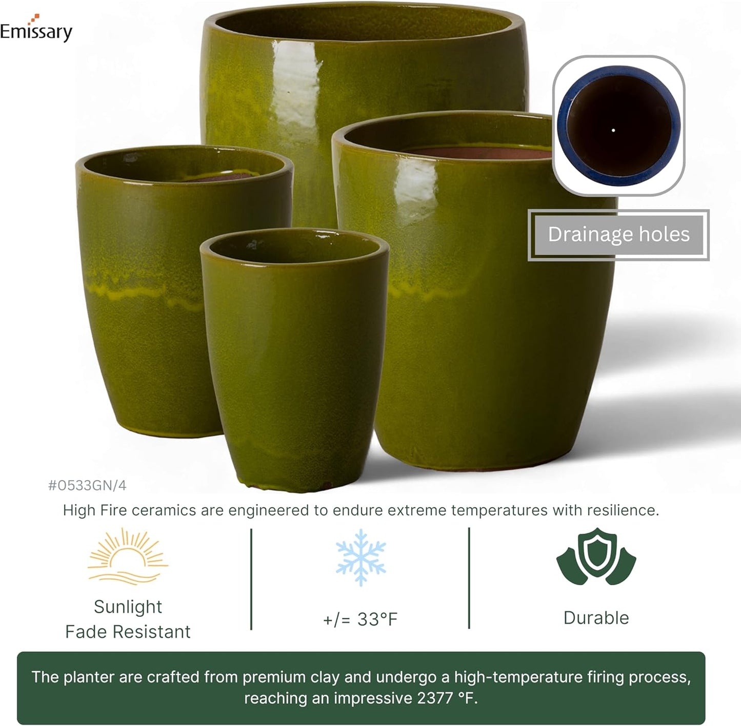 Emissary Bullet 9.5 in. Green Ceramic Round Planter (9.5 in. L x 9.5 in. W x 12 in. H) with Drainage Hole