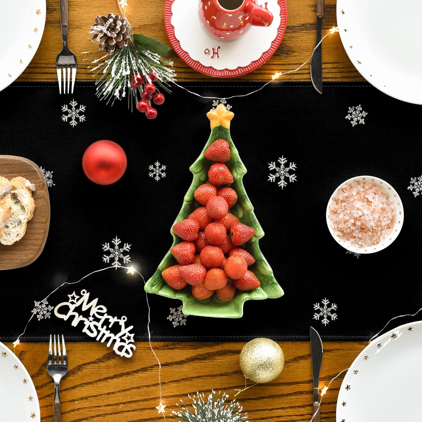 Artoid Mode Xmas Trees Snowflakes Black Merry Christmas Table Runner, Winter Seasonal Kitchen Dining Table Decoration for Home Party Decor 13x90 Inch