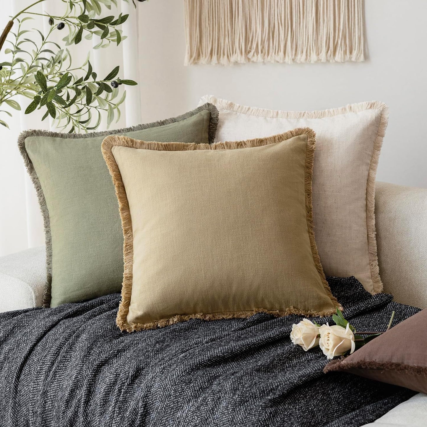 Foindtower Set of 2 Decorative Linen Fringe Throw Pillow Covers Boho Farmhouse Cushion Cover with Tassels Soft Accent Pillowcase for Couch Sofa Bed Living Room Home Decor,26×26 Inch,Light Khaki Taupe