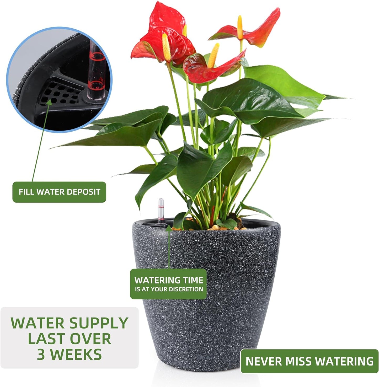 Dexceder 15x14 Self Watering Planter with Wheels Indoor Outdoor, Inner Pot Design, Thickened Large Floor Standing Flower Plant Pot with Water Level Indicator (Stone Matte)