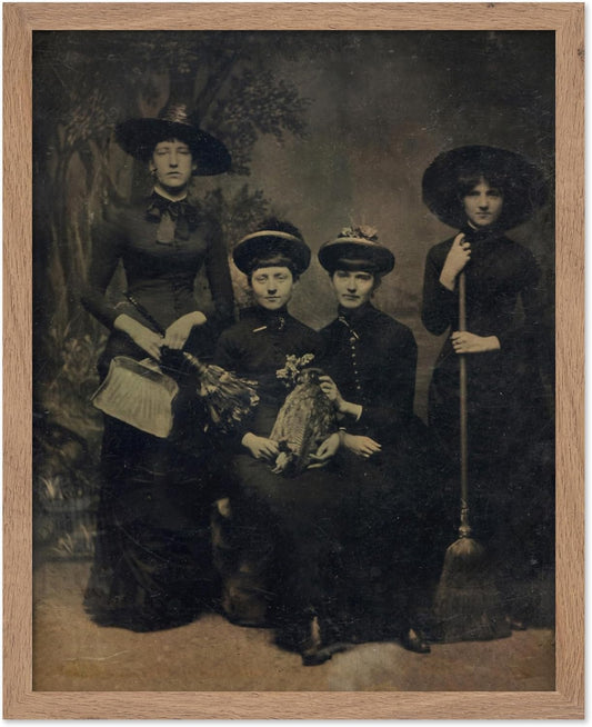 Poster Master Vintage Photograph Poster - Retro Halloween Print - Gift for Artist, Friend - Four Witches Wearing Robes, Sabbath, Coven, Sorcery - Wall Decor for Home, Office, 11x14 Beige Framed