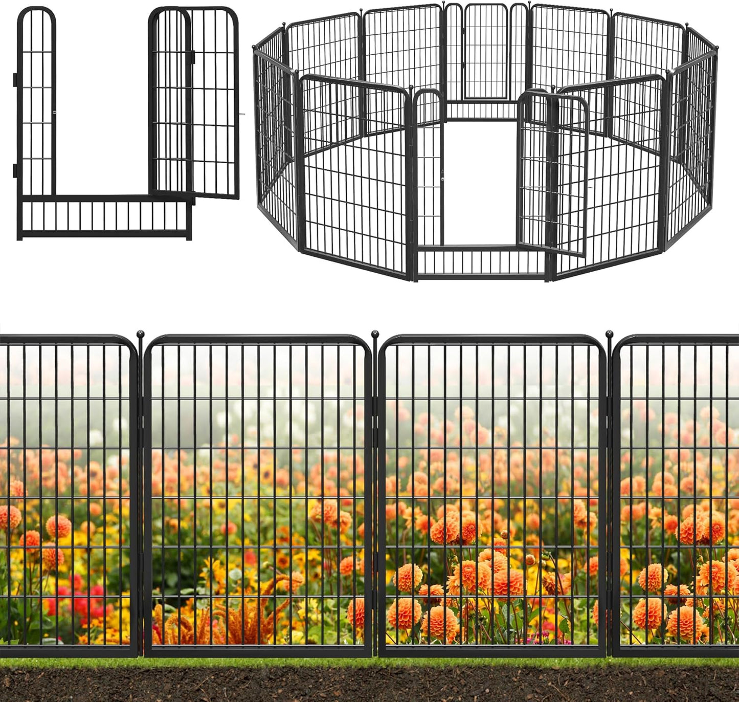 Black Metal Fencing Decorative Garden Fence with Gate 27ft(L) x 40in(H) Fence Panels No Dig Fence Rustproof Animal Barrier Fence Temporary Dog Panels Fencing Outdoor