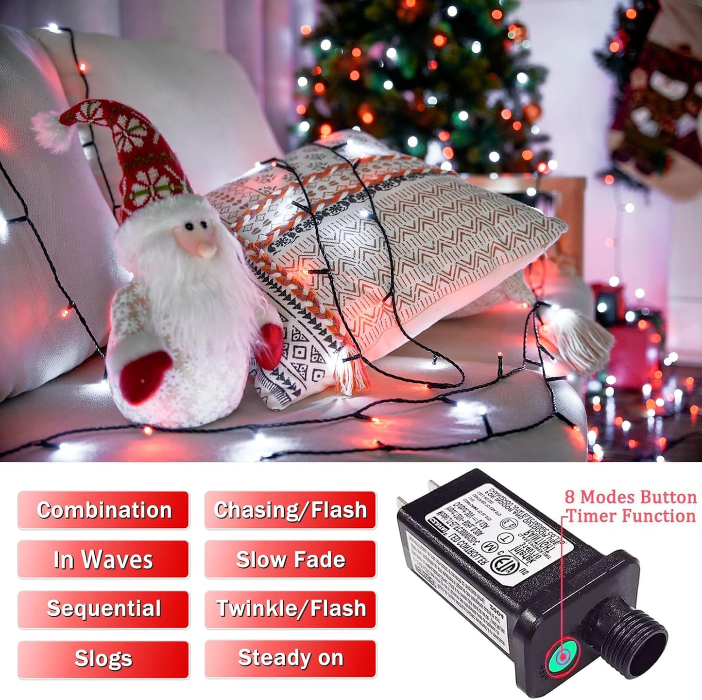 JMEXSUSS 66ft 200 LED Red and White Christmas Lights, Outdoor String Plug-in, Expandable for Tree Outside Party Home Decorations