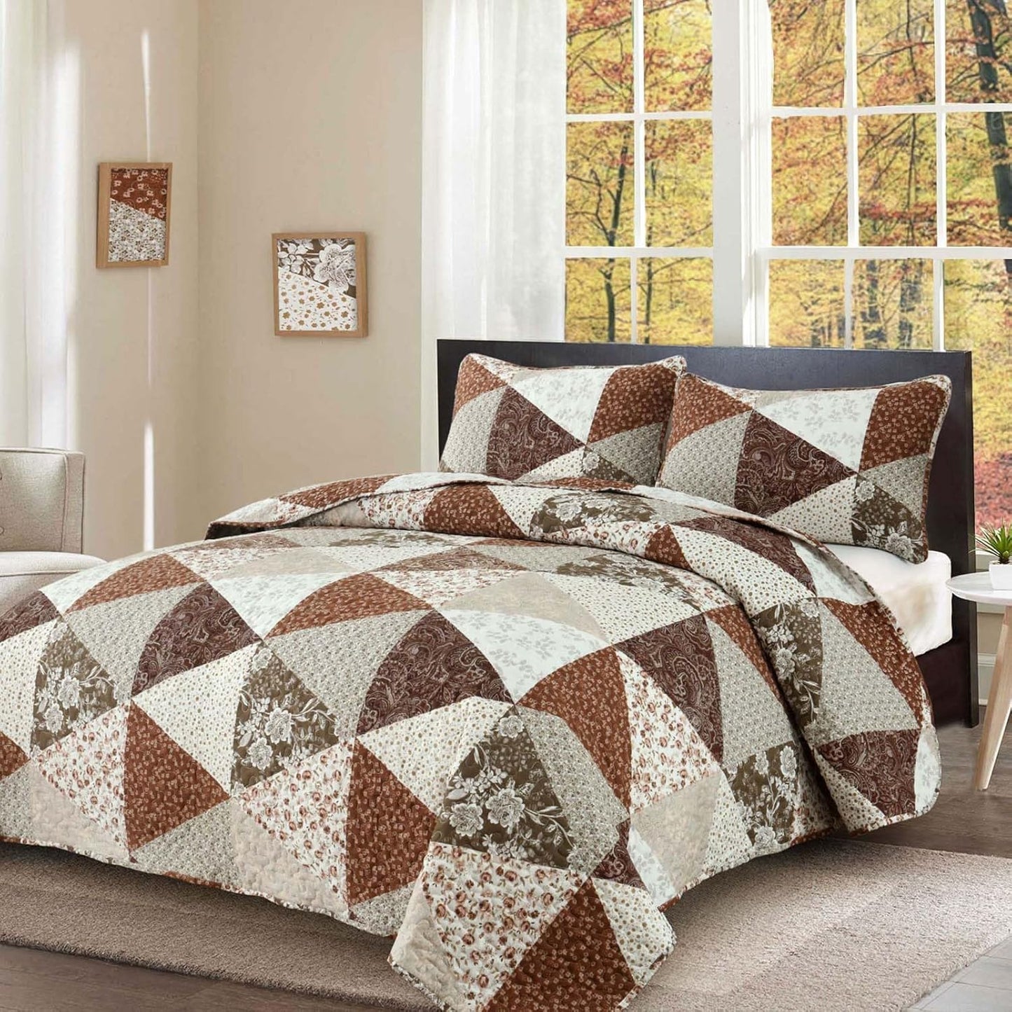 Dobuyly Fall King Size Bedspread, Brown Floral Triangle Patchwork King Size Quilt Fall Bedding Set, Soft Lightweight Microfiber Coverlet Set (1 Quilt, 2 Pillow Shams)