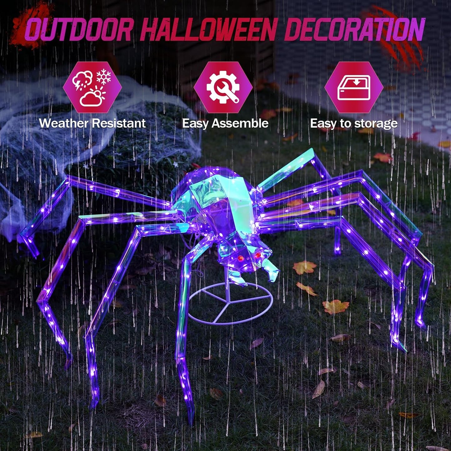 Prismatic Iridescent Giant Spider, 52" Pre-lit Large Outdoor Scary Prismatic Spider Decorations for Halloween 140 LED Light Up Giant Spider Outdoor Halloween Decorations for Garden, Yard, Porch