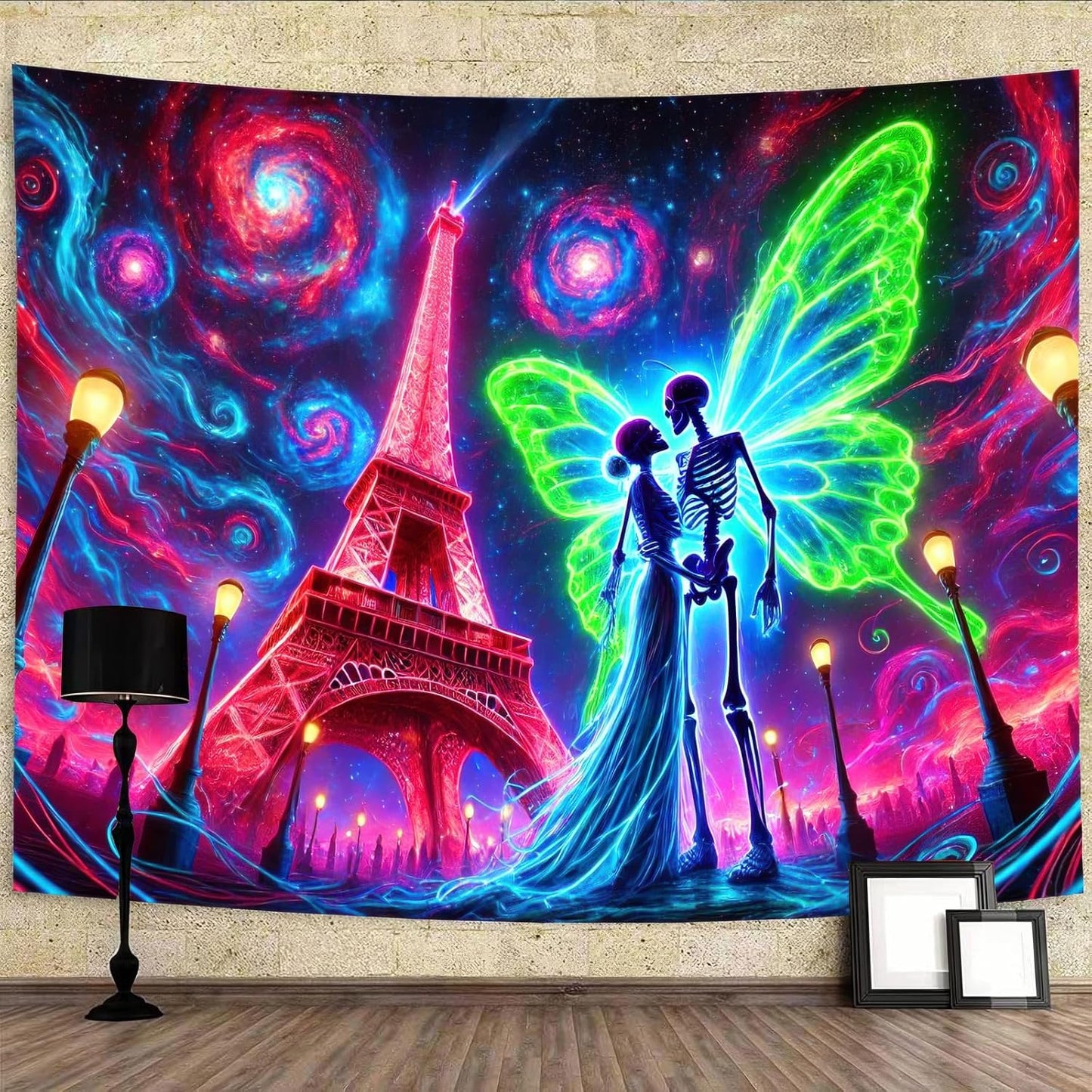 BlissYard Blacklight Skull Tapestry UV Reactive Tapestry 78x59 Inch Black Light Butterfly Galaxy Planet Glowing Large Neon Wall Hanging for Living Room Bedroom Decor Teens