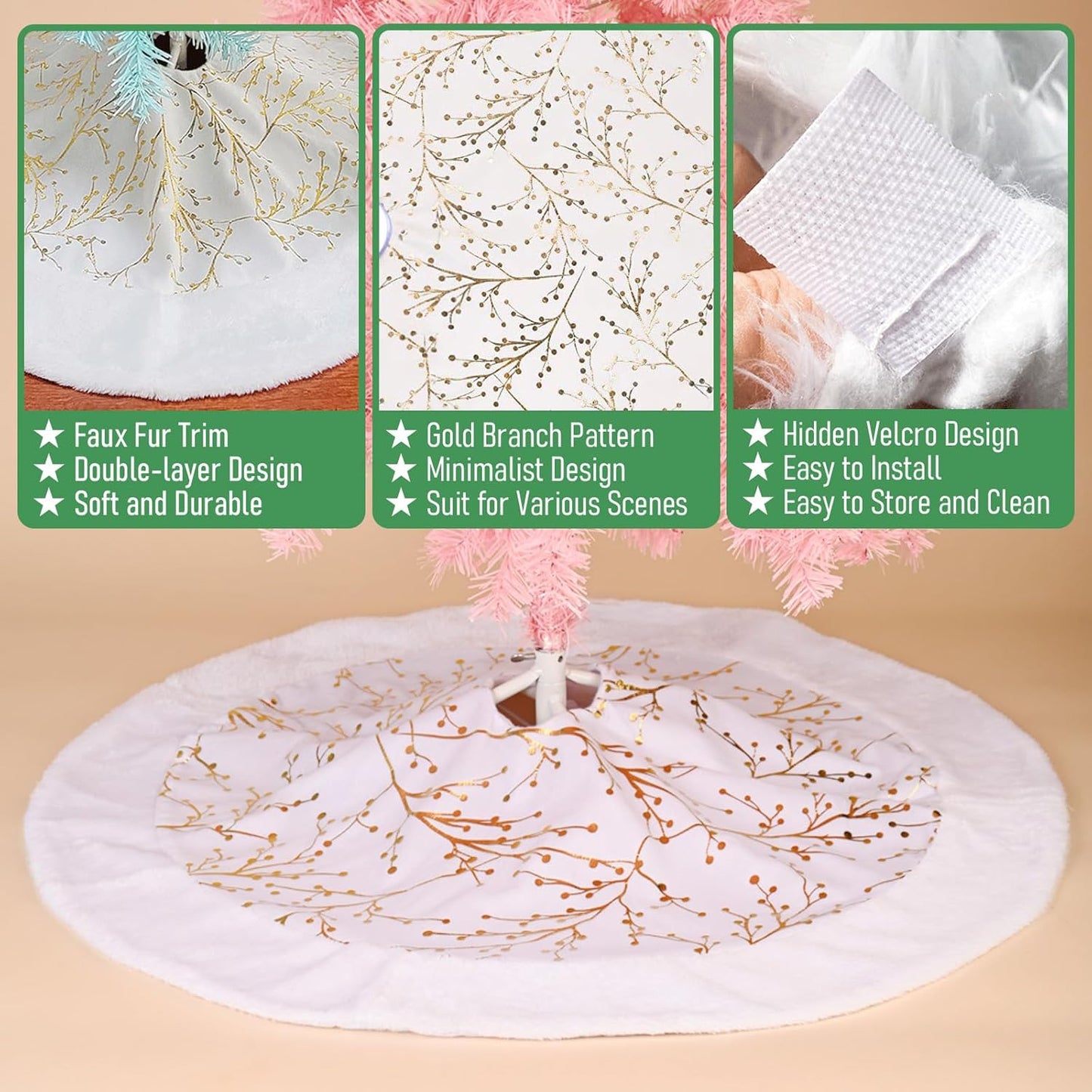 White-Gold Christmas Tree Skirt, White Faux Fur Plush Trim, Embellished with Golden Branches Pattern, Big Thick Velvet Xmas Tree Mat for Home Decoration, Gold Santa Skirt for Trees