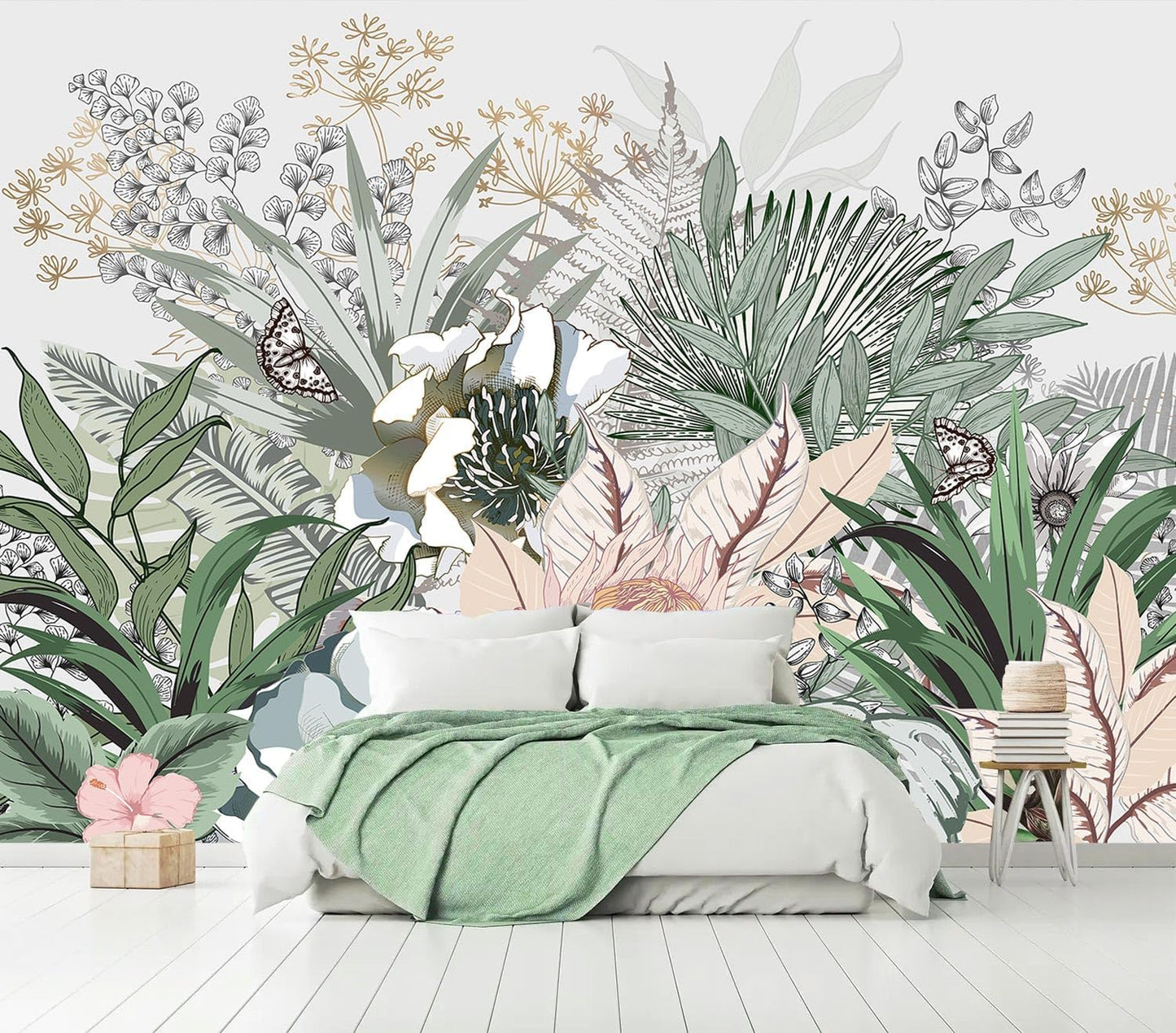 AFZEVEB-Tropical Jungle Wallpaper Botanical Large Floral Wall murals for Bedroom 114"x74" (Not Peel and Stick)