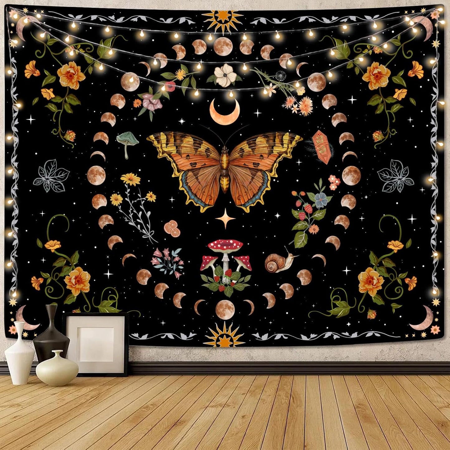Aipon Orange Butterfly Moon Flower Tapestry Botanical Floral Plant Boho Tapestry for Bedroom Aesthetic Vintage Tapestries Wall Hanging for Living Room Dorm (36.00" x 48.00", Orange)