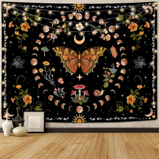 Aipon Orange Butterfly Moon Flower Tapestry Botanical Floral Plant Boho Tapestry for Bedroom Aesthetic Vintage Tapestries Wall Hanging for Living Room Dorm (60.00'' × 80.00'', Orange)