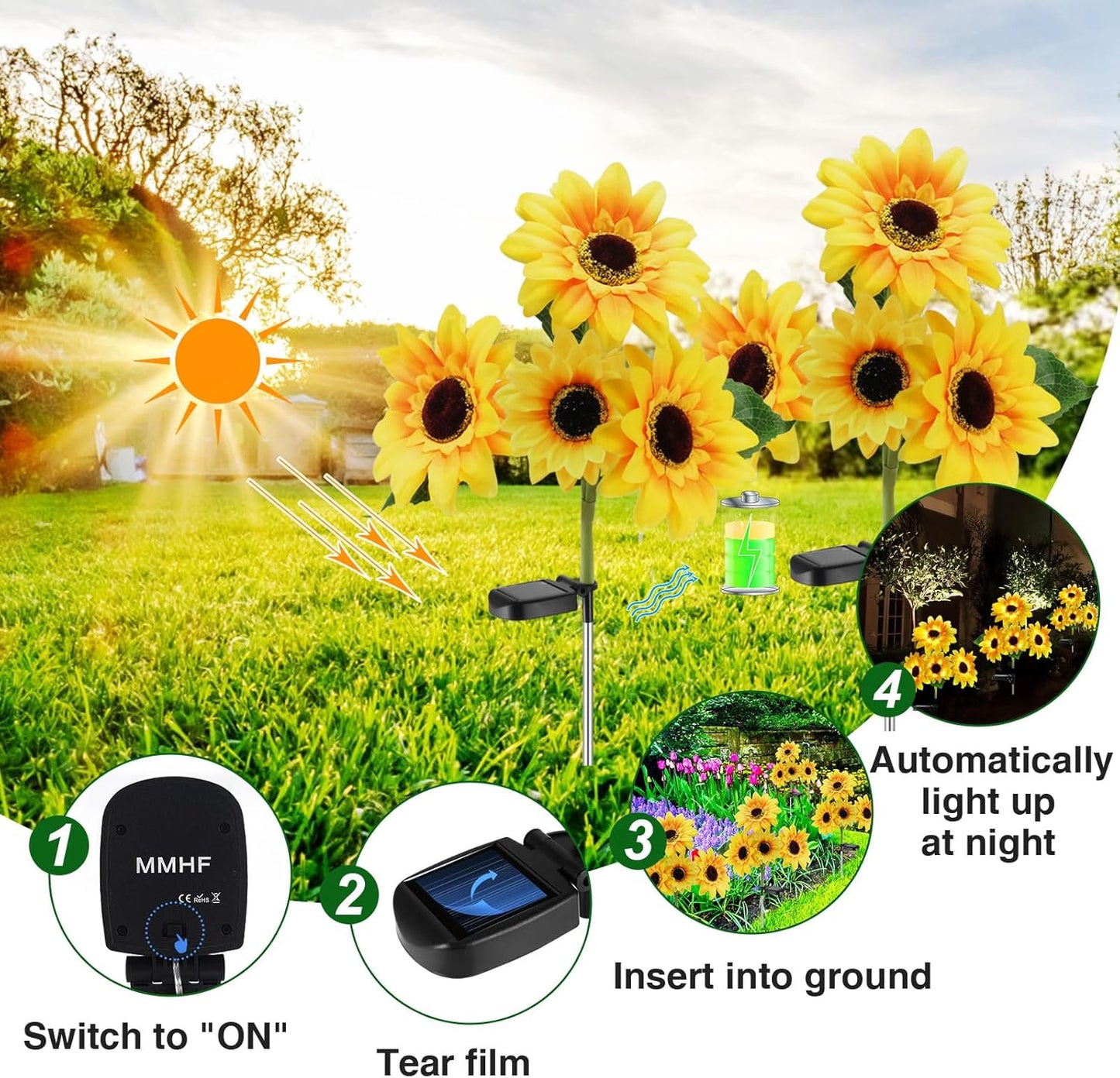 Outdoor Solar Garden Stake Lights,Upgraded LED Solar Powered Light with 3 Sunflower, Waterproof Solar Decorative Lights for Garden, Patio, Backyard (2 Pack 8 Flower)