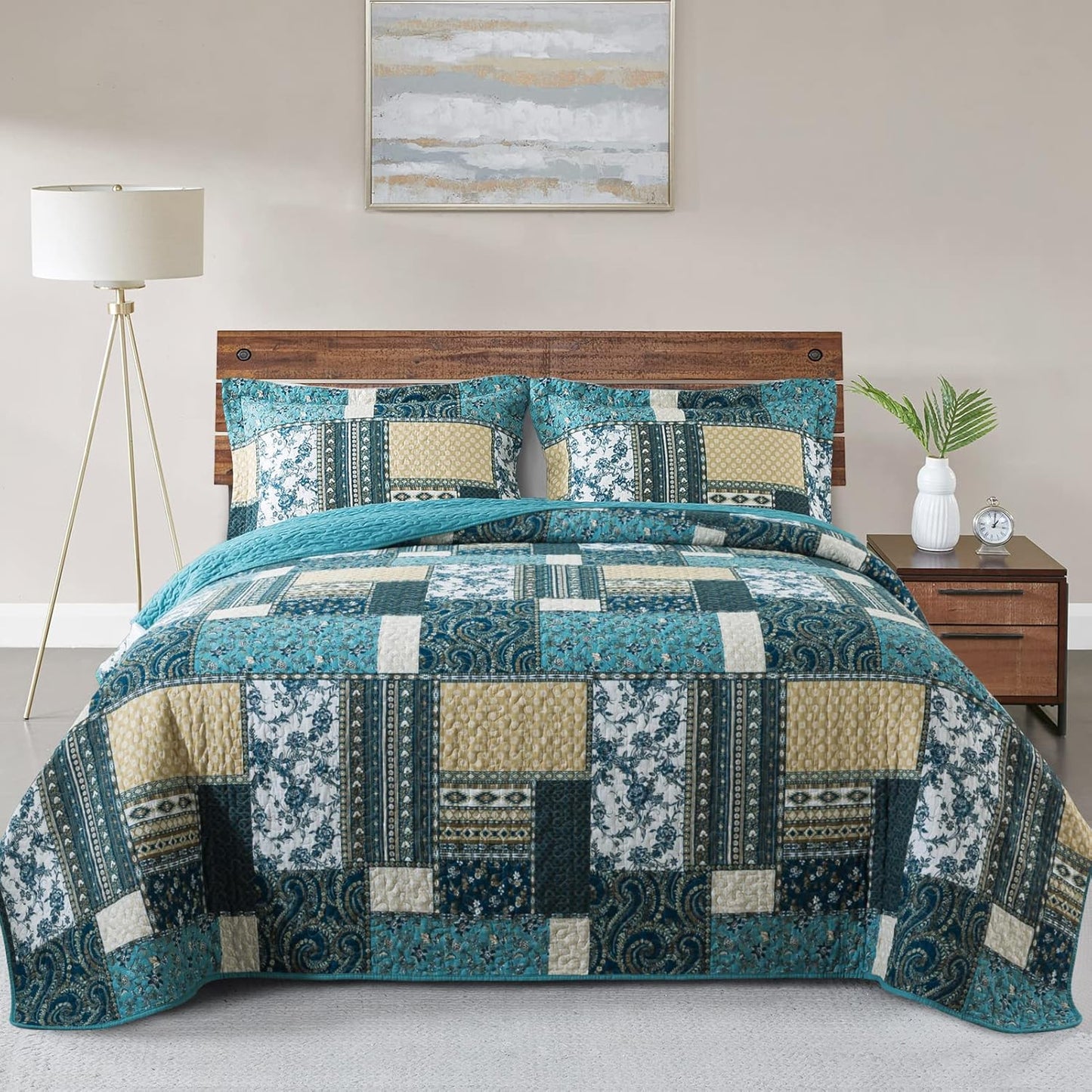 VAPUTAR Quilts King Size - Soft King Quilt Bedding Set with Floral Pattren - 3 Pieces Patchwork Cotton King Bedspreads Set for Farmhouse Bedroom (Dream Blue)