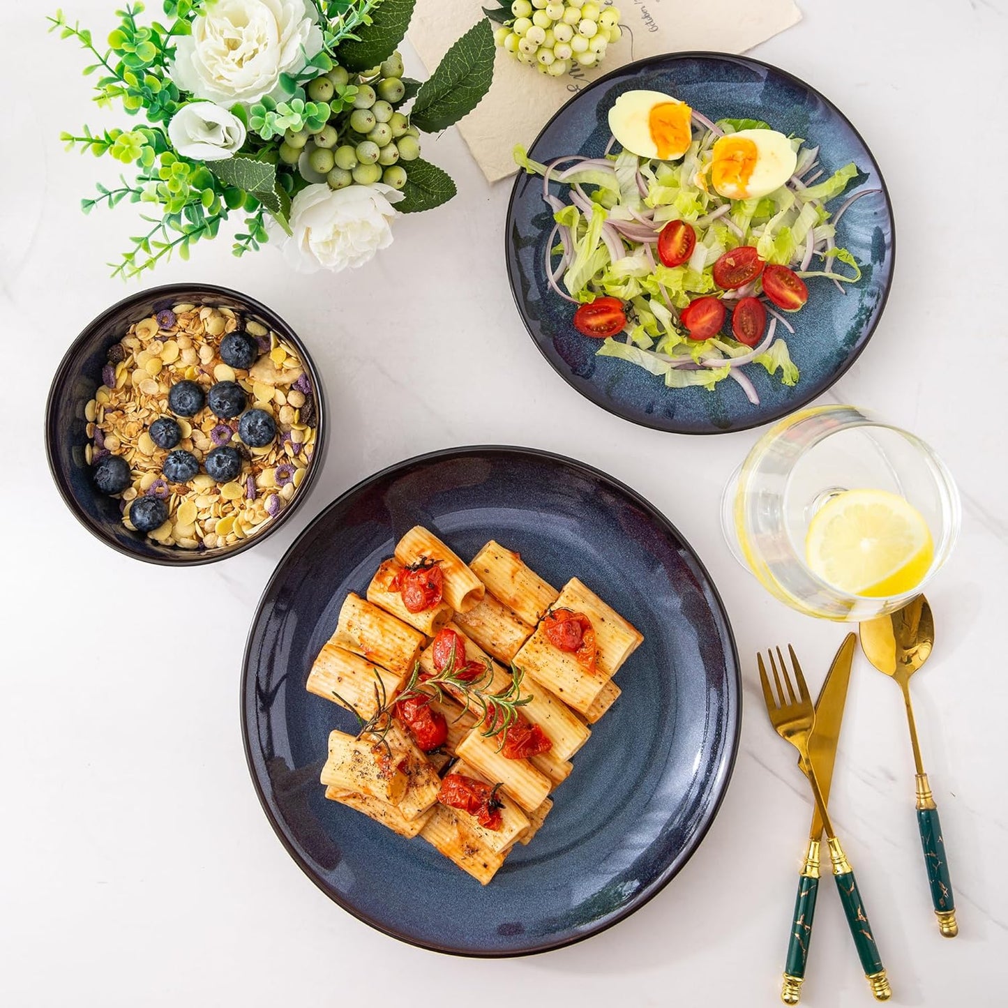 LERATIO Ceramic Dinnerware Sets for 8,Stoneware Plates and Bowls Sets,Handmade Reactive Glaze Dishes Set,Chip Resistant and Scratch Resistant | Oven&Dishwasher & Microwave Safe-Blue(24PCS)