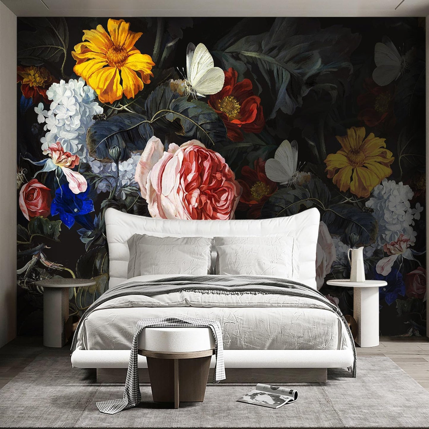 Vintage Black Flowers Mural Bedroom Peony Floral Wallpaper Room Decor Living Room tv Background Large Wall Mural - 183"x120" (Not Peel and Stick)