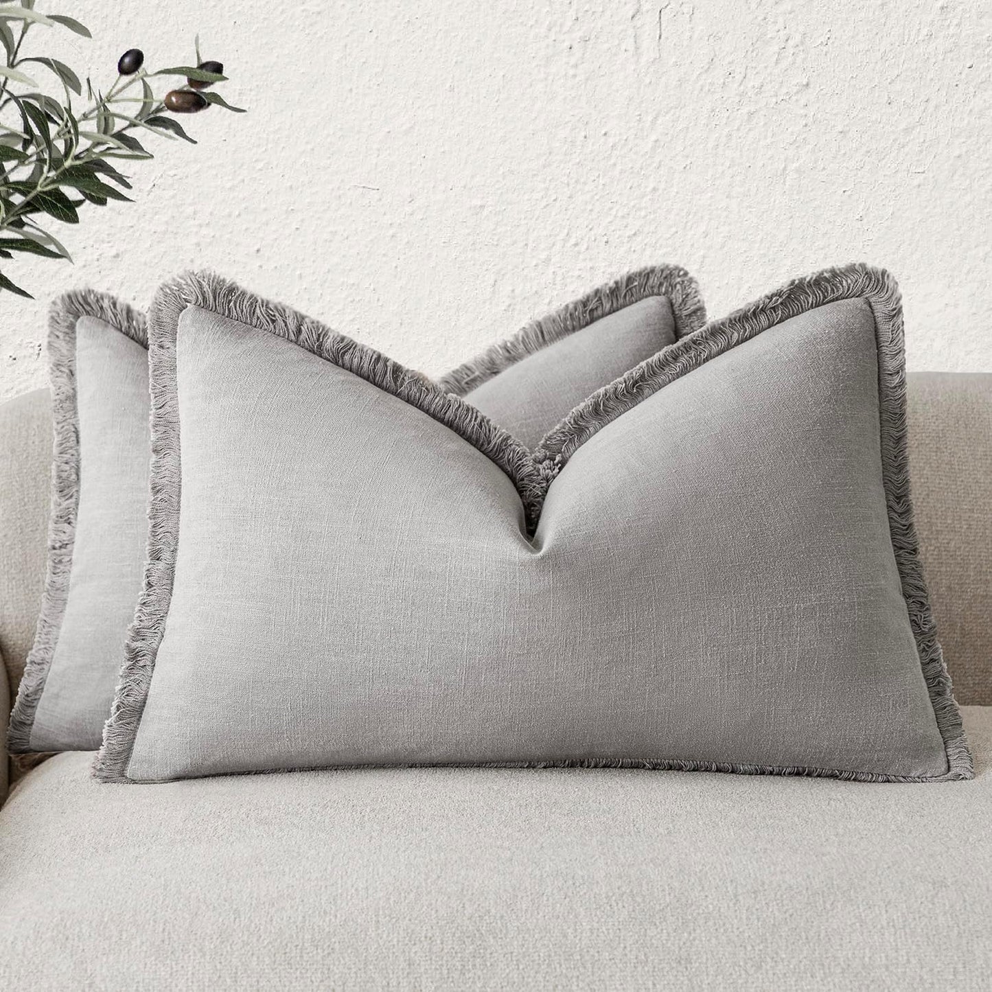 Foindtower Set of 2 Decorative Linen Fringe Lumbar Throw Pillow Covers Farmhouse Cushion Cover with Tassels Accent Pillowcase for Couch Sofa Bed Living Room Home Decor,12×20 Inch,Light Rustic Gray