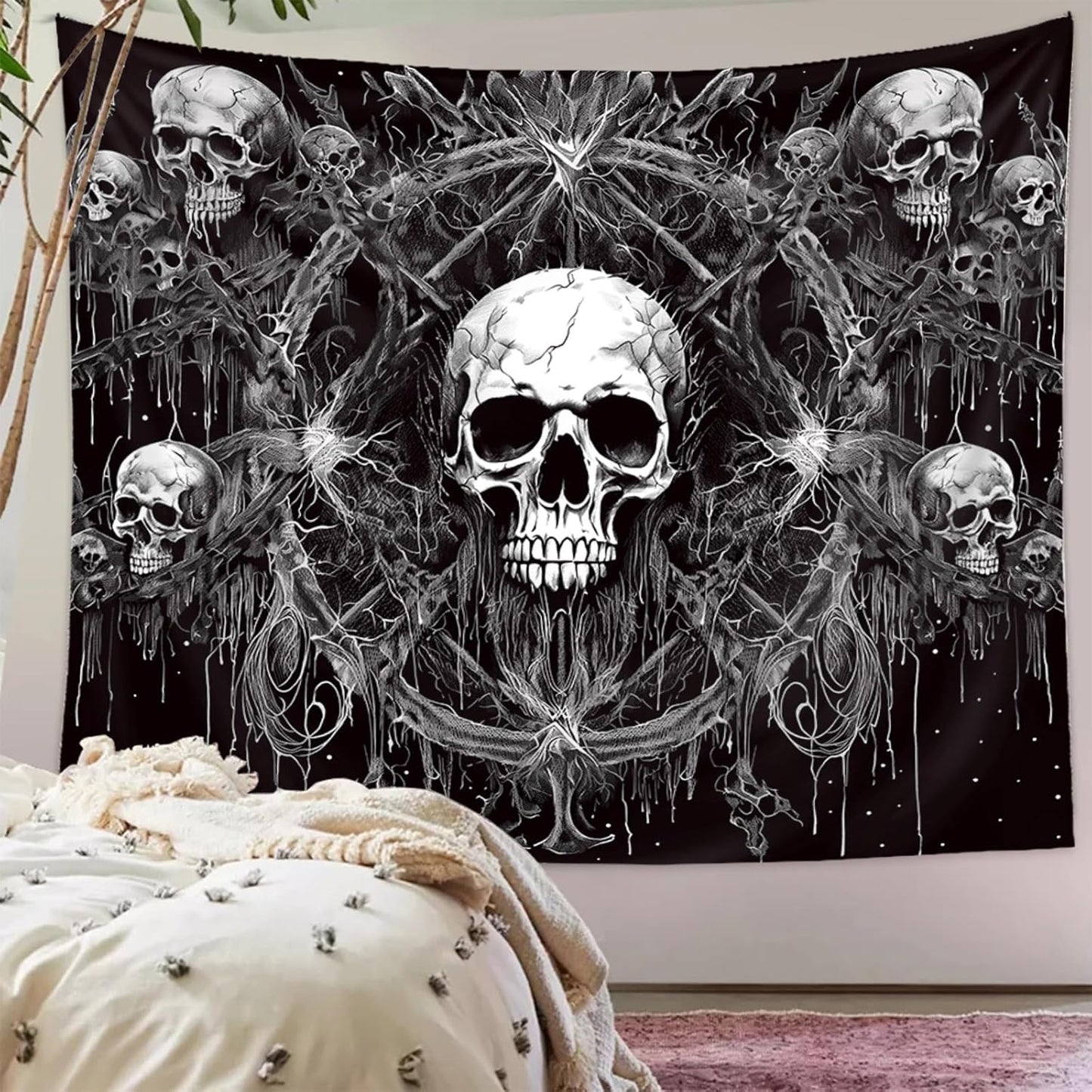 Tapzen Gothic Black and White Tapestry Wall Hanging - Dark Skeleton Horror Aesthetic for Bedroom, Living Room, Dorm (60 x 50 inches)