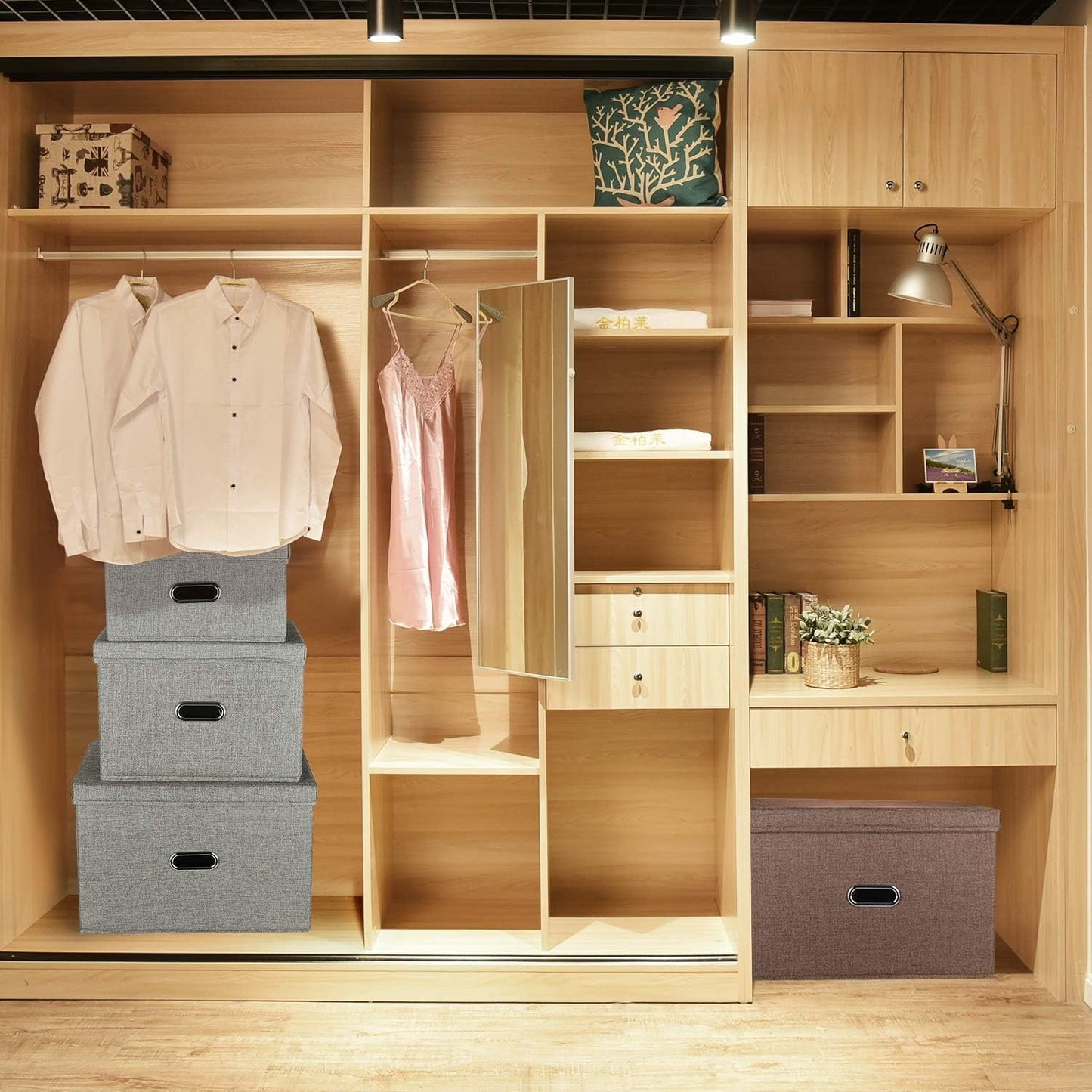 Large Linen Fabric Foldable Storage Bins with Removable Lid and Handles, Washable Storage Box Organizer Containers Baskets Cube with Cover for Bedroom,Closet,Nursery (Grey, Large(2-Pack))