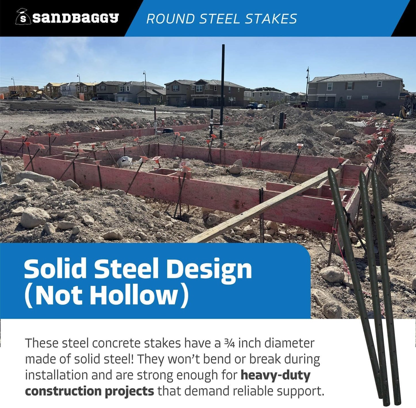 Sandbaggy Round Steel Concrete Form Stakes with Nail Holes - Rust Resistant Coating - Removable, Reusable (10, 3/4 in X 24 in)