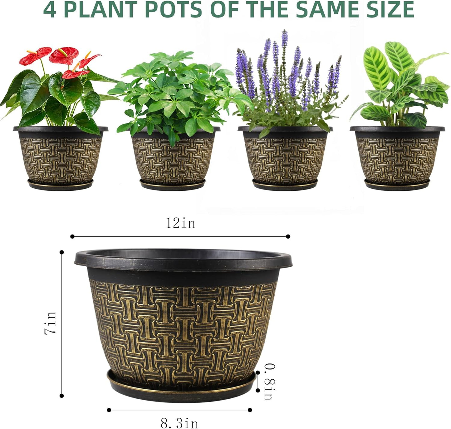 4 Pack 12 Inch Plant Pots,Large-Plant-Flower-Planters-Plastic, Flower Pots Outdoor Indoor with Drainage Holes & Trays, Retro Antique Imitation Decorative Garden Sets for Houseplants