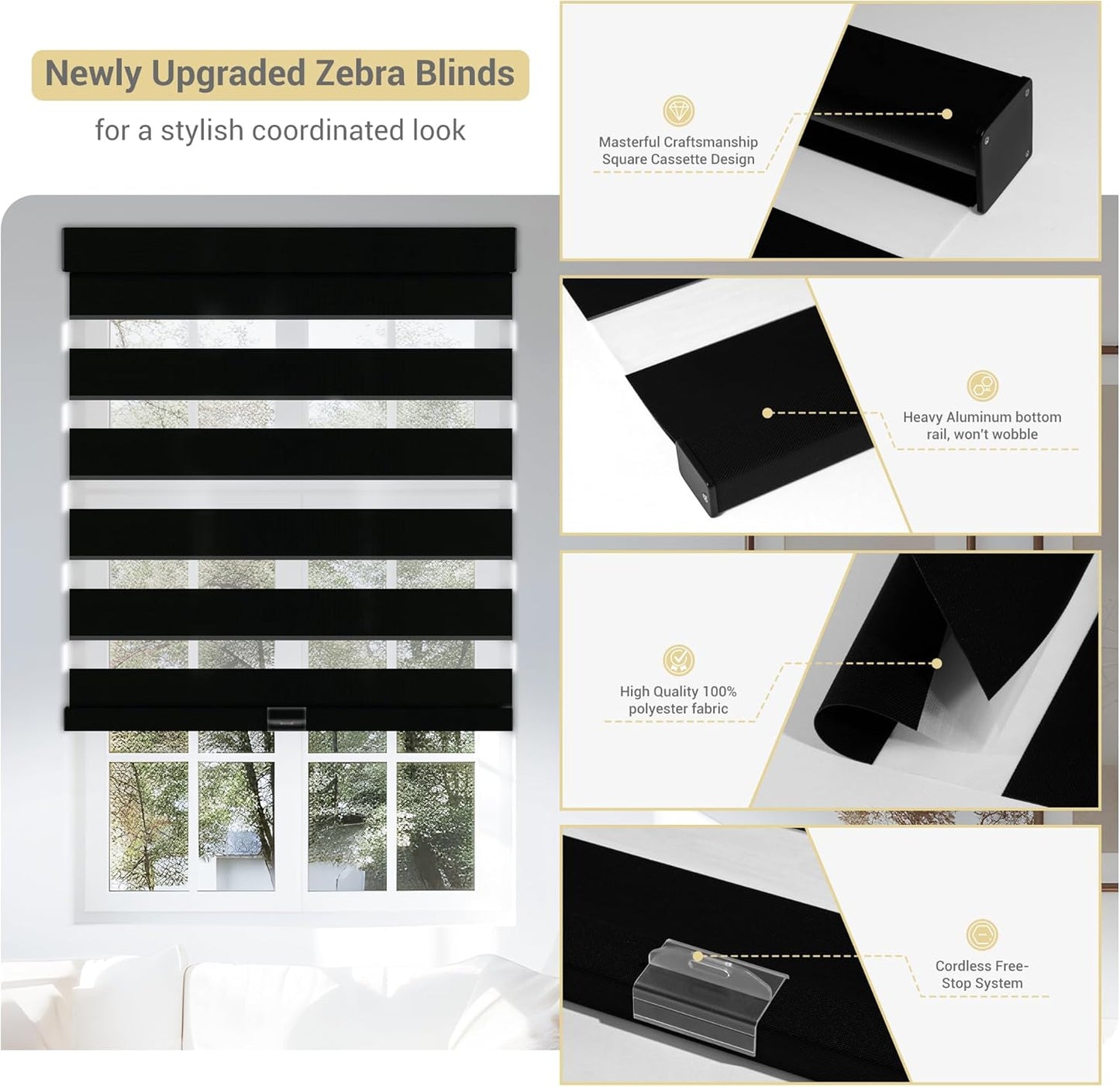 Cordless Zebra Blinds for Windows, Blackout Interior Blinds,Easy to Install,UV Protection,for Offices and Home,Custom Roller Shades, Solid Black, 82" W x 48" H