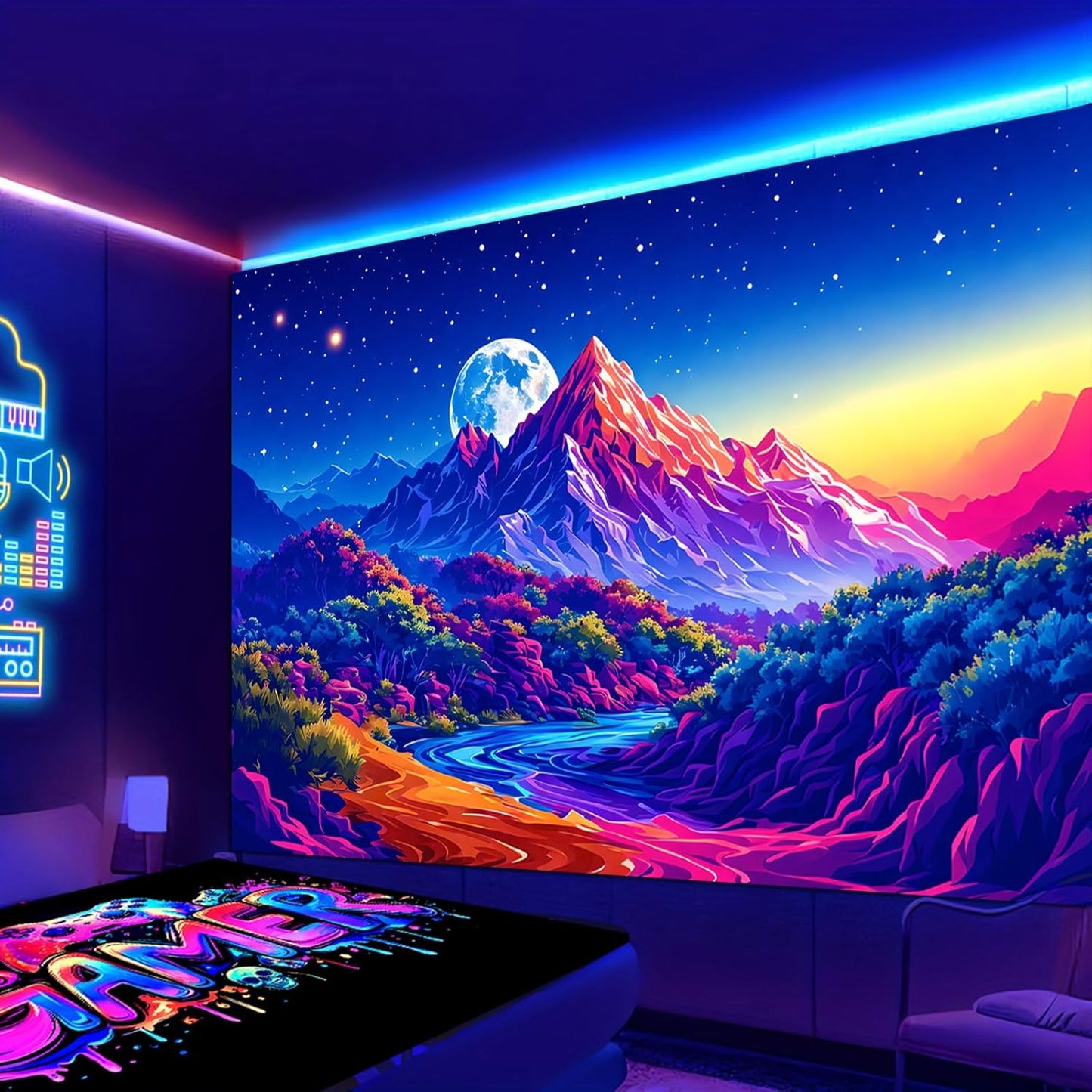 SparkLia Blacklight Sunset Mountain Tapestry – UV Reactive Forest Lake Wall Hanging, Neon Glow in the Dark Starry Sky Moon Nature Landscape for Bedroom, Living Room & Dorm Decor – 59.1" x 80"