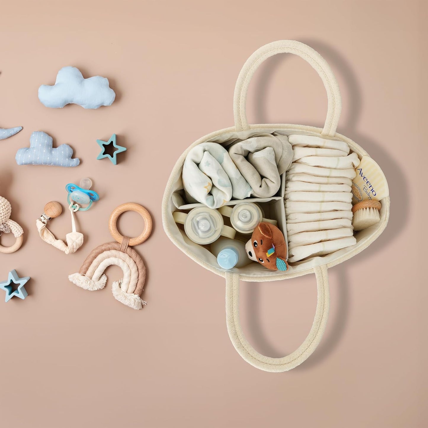 Diaper Caddy Organizer Cotton Rope Baby Basket Nursery Storage and Portable Tote Bag for Car Ideal Baby Shower Gifts and Registry Must-Have for Newborn Essentials beige