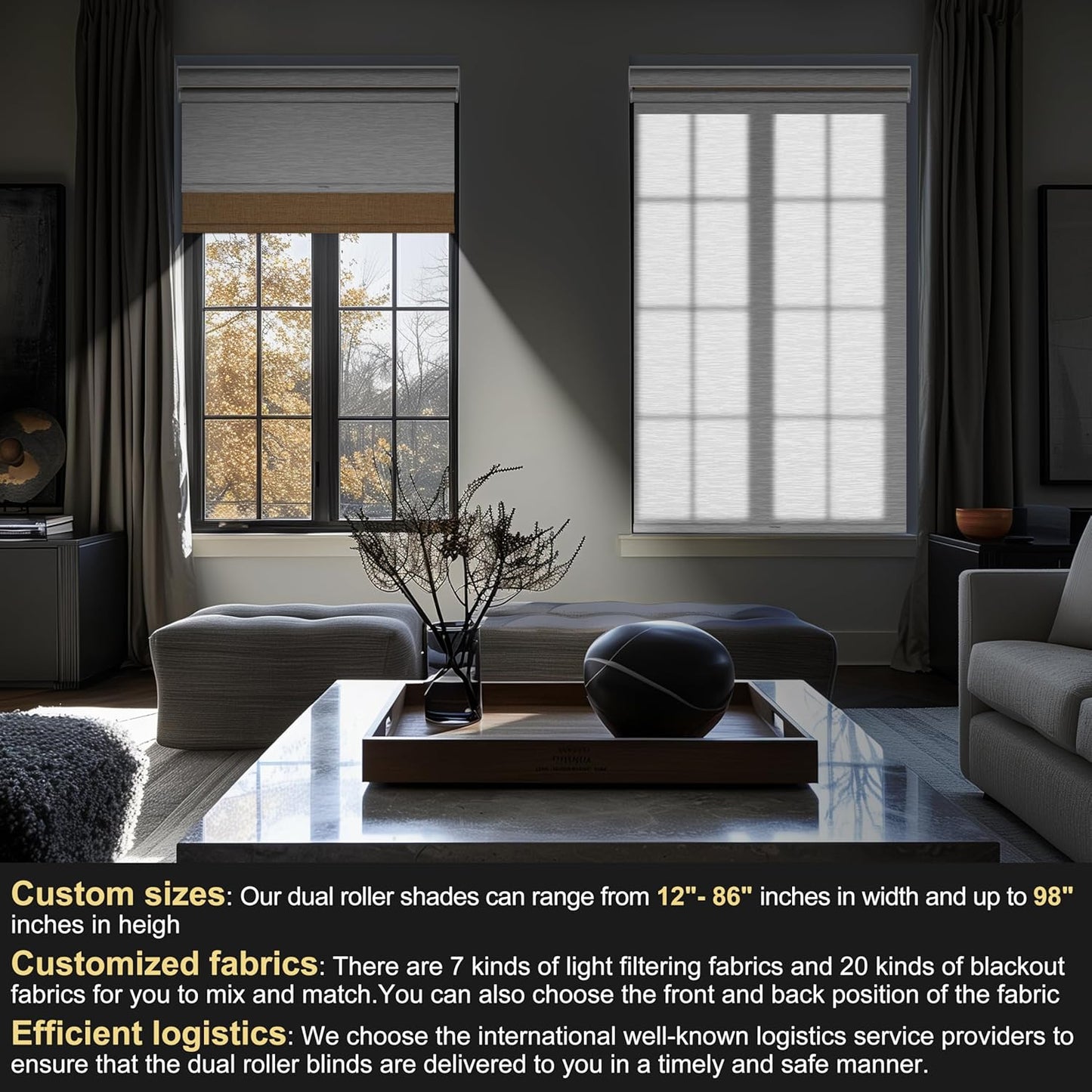 BERISSA Dual Cassette Valance Roller Shades - Double Blackout/Light Filtering Day&Night Shades for Home Office Door. Linen Beige & White. 40 W x 72" H